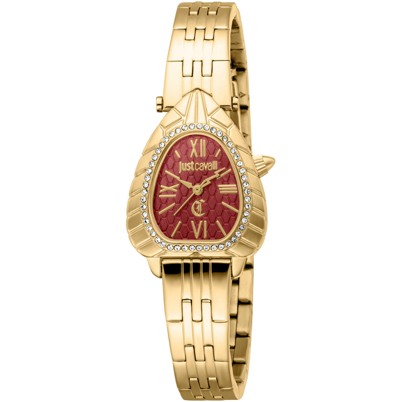 JUST CAVALLI TIME Quarzuhr »Perla« Armbanduhr, Damenuhr, Edelstahlarmband, analog, Kristallsteine goldfarben-rot Einmalige Armbanduhr für Damen