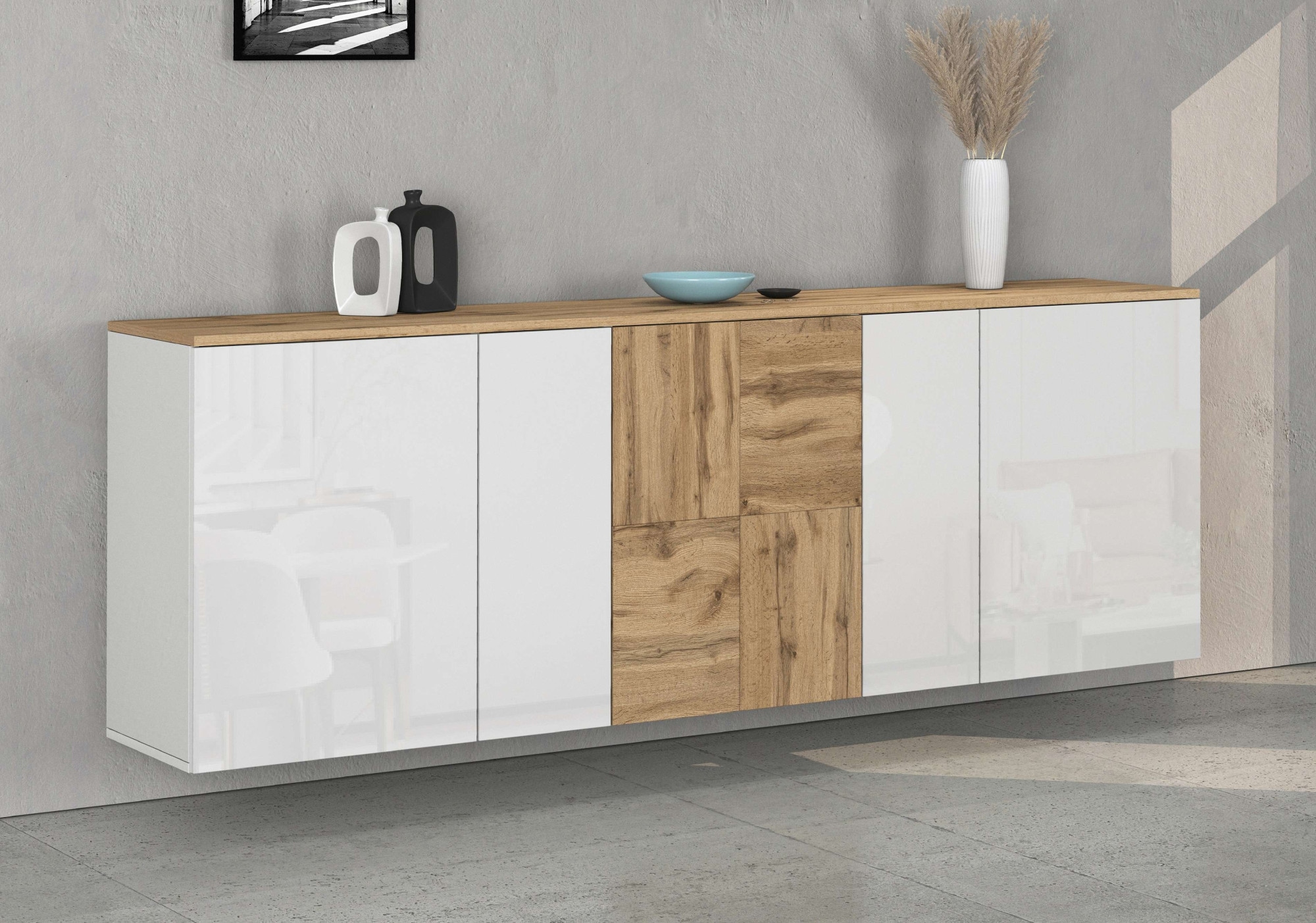 INOSIGN Sideboard »Sideboard ISEO, Kommode, Schrank, Kredenz« 1 Stk. tlg. stehend/hängend, 5 Türen HG lackiert, 6 Fächer, B 200 cm