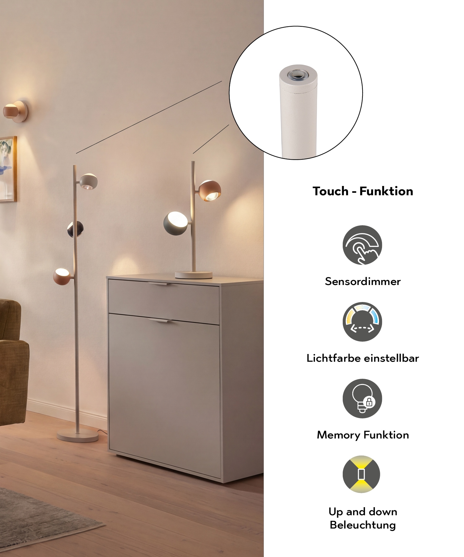 Musterring LED Stehlampe »CANNON, 3-flammige LED Stehleuchte 5W 500Lumen 2300-4000K CCT« LED-Board 1 Stk. Farbwechsler | warmweiß - kaltweiß mit Touch-Sensordimmer, Memory, 3 schwenkbare Lichtkegel up-and-down