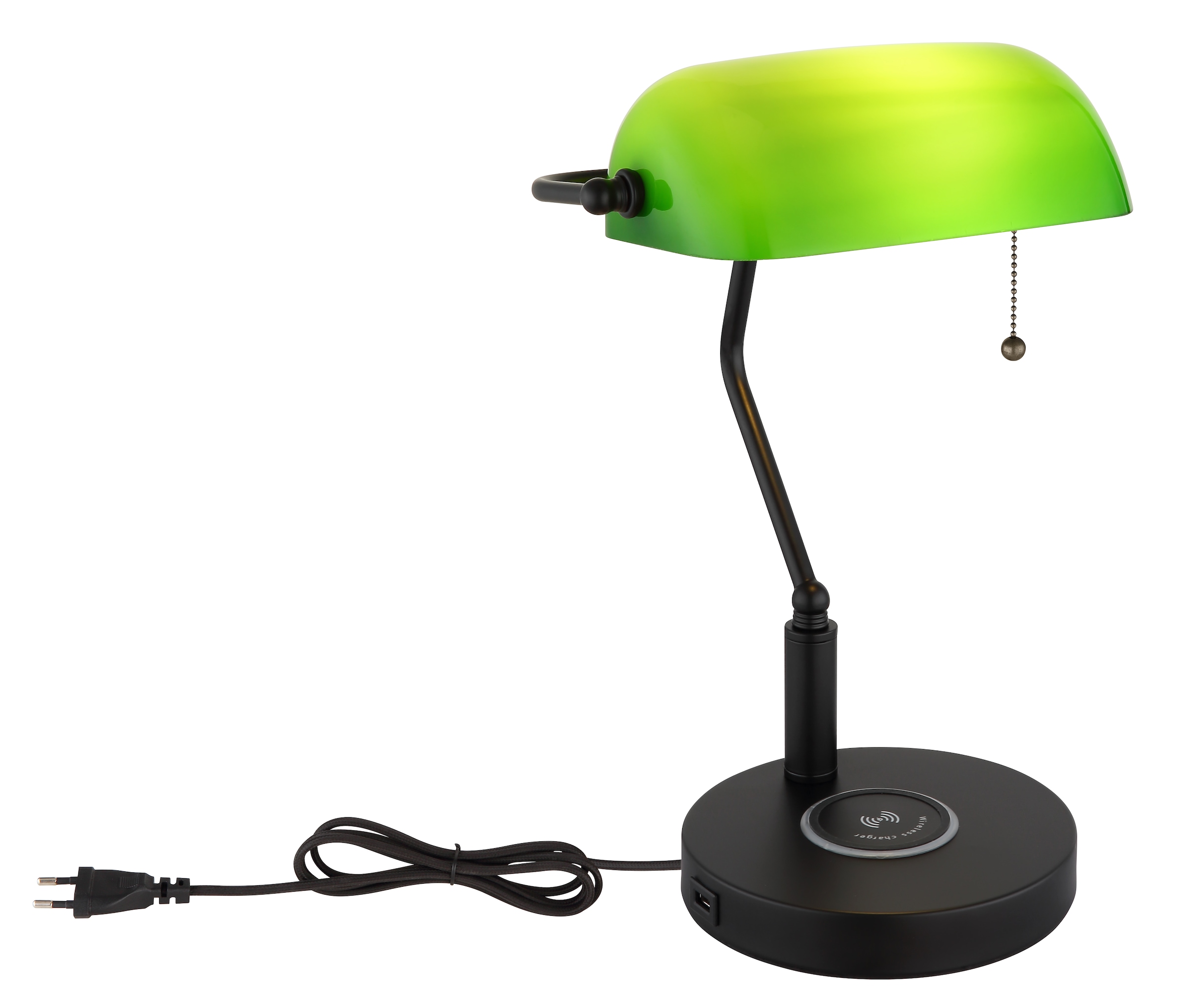 my home Tischleuchte »Daria« E27 1 Stk. Wireless Ladefunktion, Bankerlampe, Zugschalter-Kette