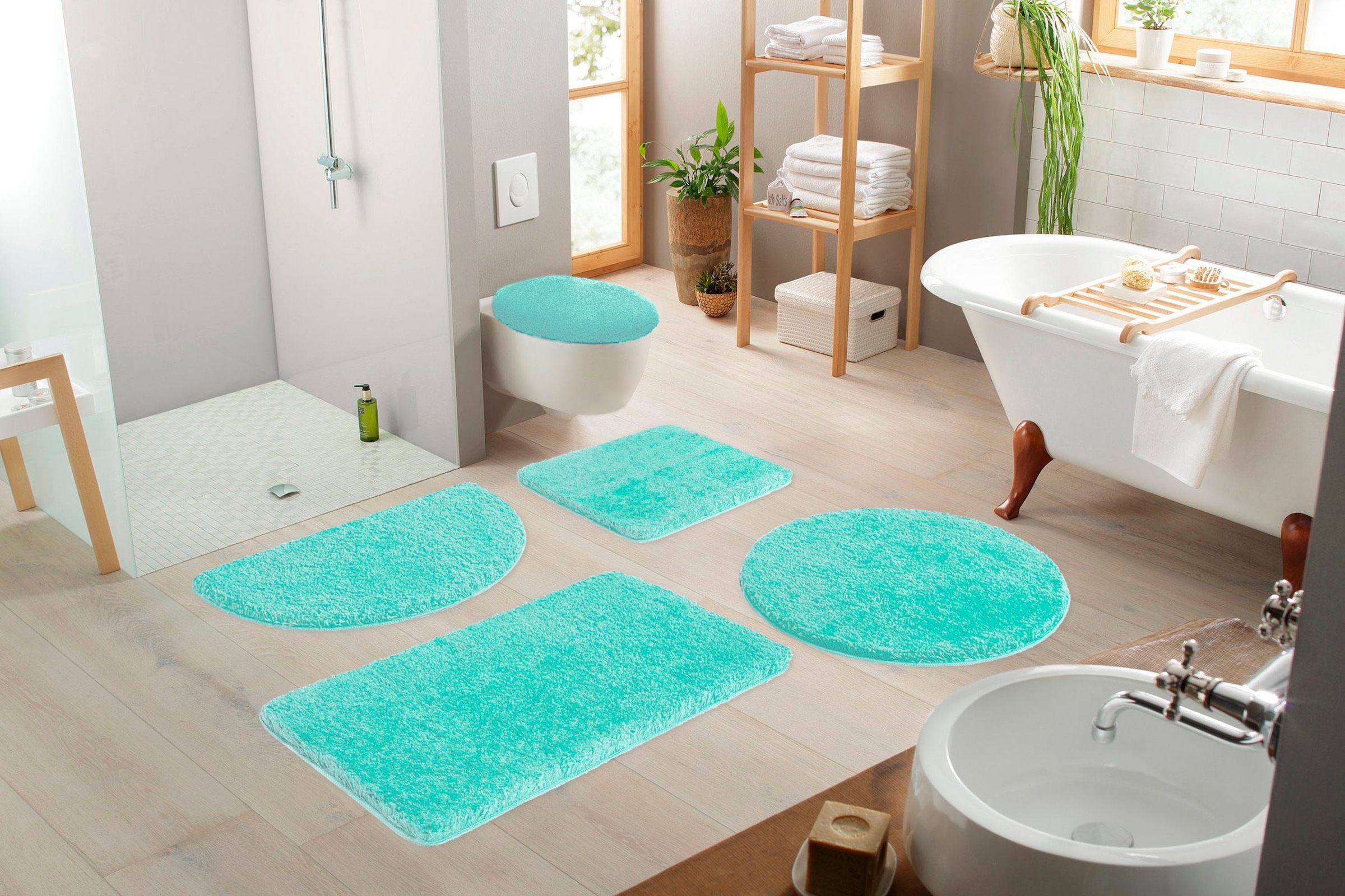 my home Badematte »Sanremo, Badvorleger, Badezimmer Teppich, sehr weich«, rutschhemmend beschichtet, fußbodenheizungsgeeignet-schnell trocknend, Badteppich, unifarben, rechteckig, rund & als 3-tlg. Set erhältlich