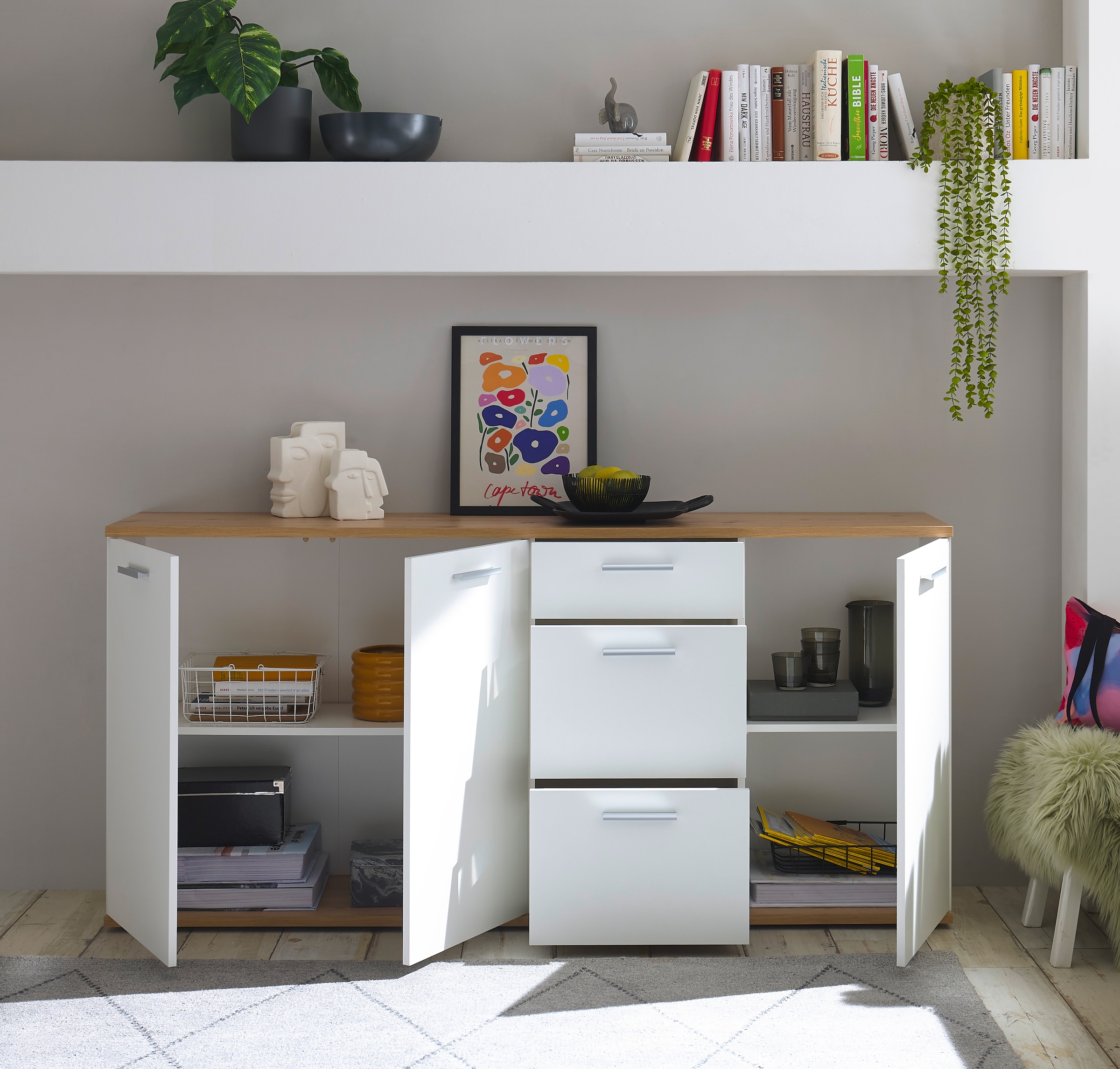 HBZ Kommode »BC1035 weiß matt, BxHxT 180x86x38 cm«, Sideboard mit 3 Türen, 3 Schubkästen, 2 Einlegeböden