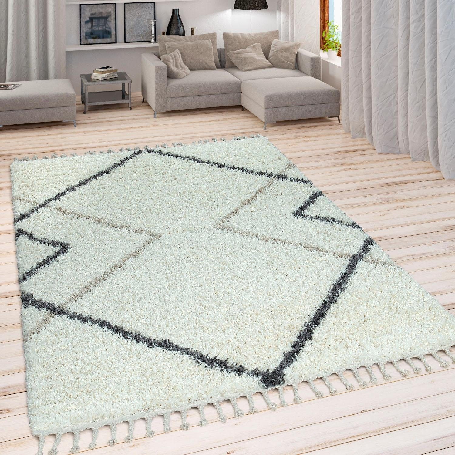 Paco Home Hochflor-Teppich »Helsinki 530«, rechteckig, 45 mm Höhe, weicher Hochflor-Shaggy, Scandi Design, mit Fransen