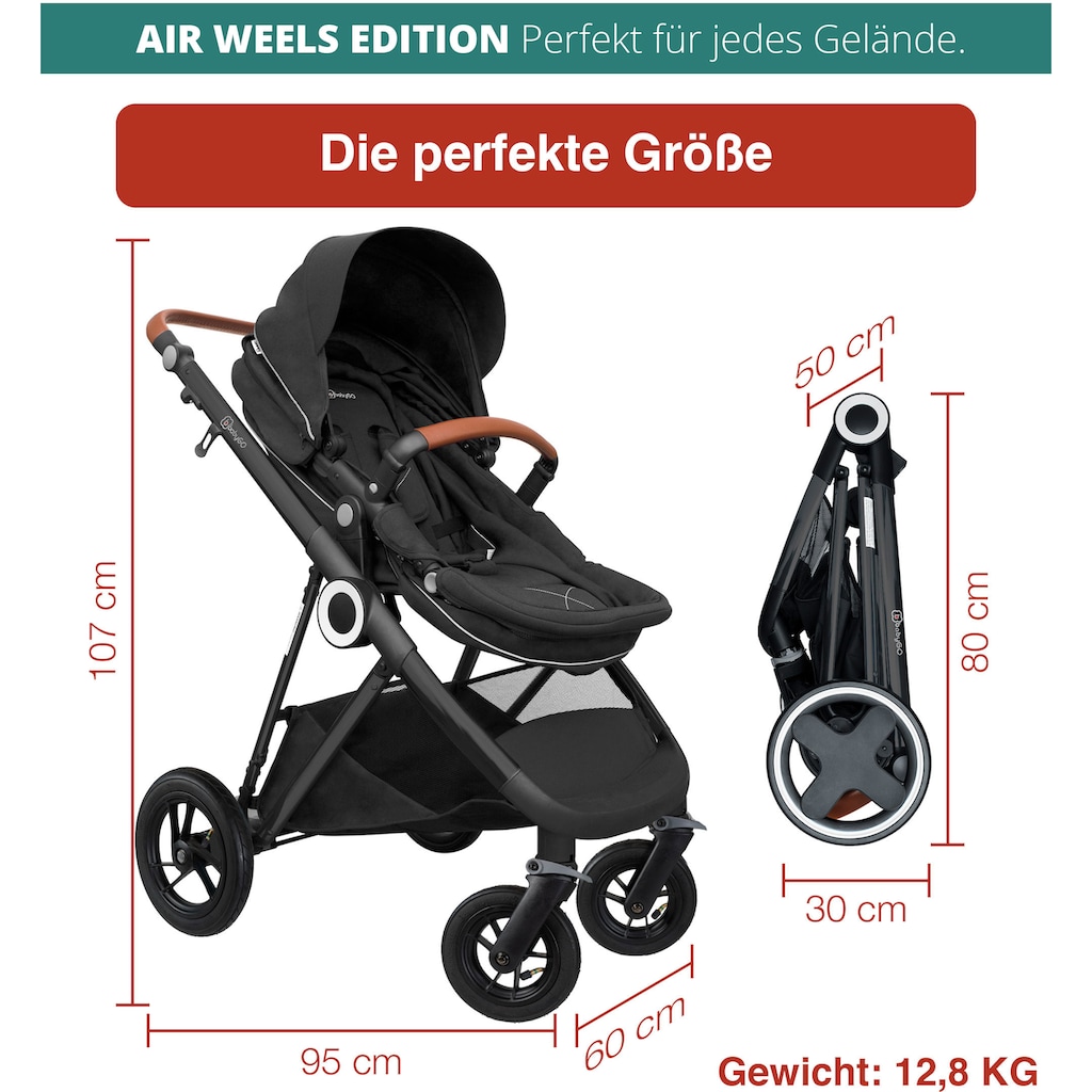 BabyGo Kombi-Kinderwagen »Halime AIR 3in1, Anthracite Black«, mit Luftreifen, inkl. Babywanne, Babyschale, Regenhaube & Wickeltasche