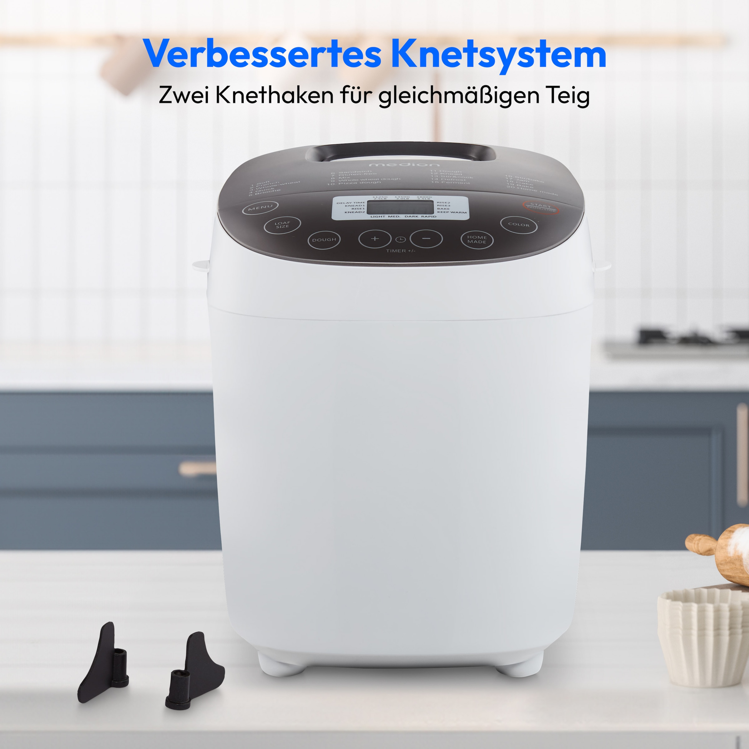 Medion® Brotbackautomat »MD 12040, 20 Backprogramme, 3 Bräunungssufen, doppelter Knethaken«, 20 Programme, 950 W, Bis zu 1600g Fassungsvermögen, Warmhaltefunktion, ILAG Beschichtung