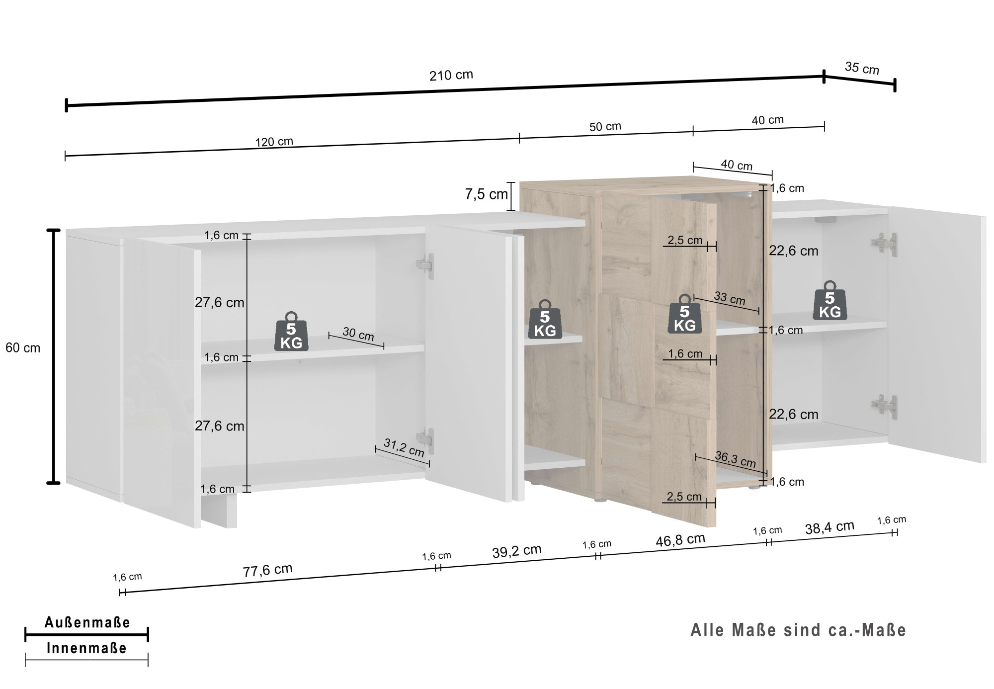 OTTO home Sideboard »Lowboard NEXOS,Lowboard,TV-Kommode,TV-Möbel,TV-Bank,« 1 Stk. tlg. Mit 5 Drehtüren, 8 geschlossenen Fächern, reversibel, B. 210 cm