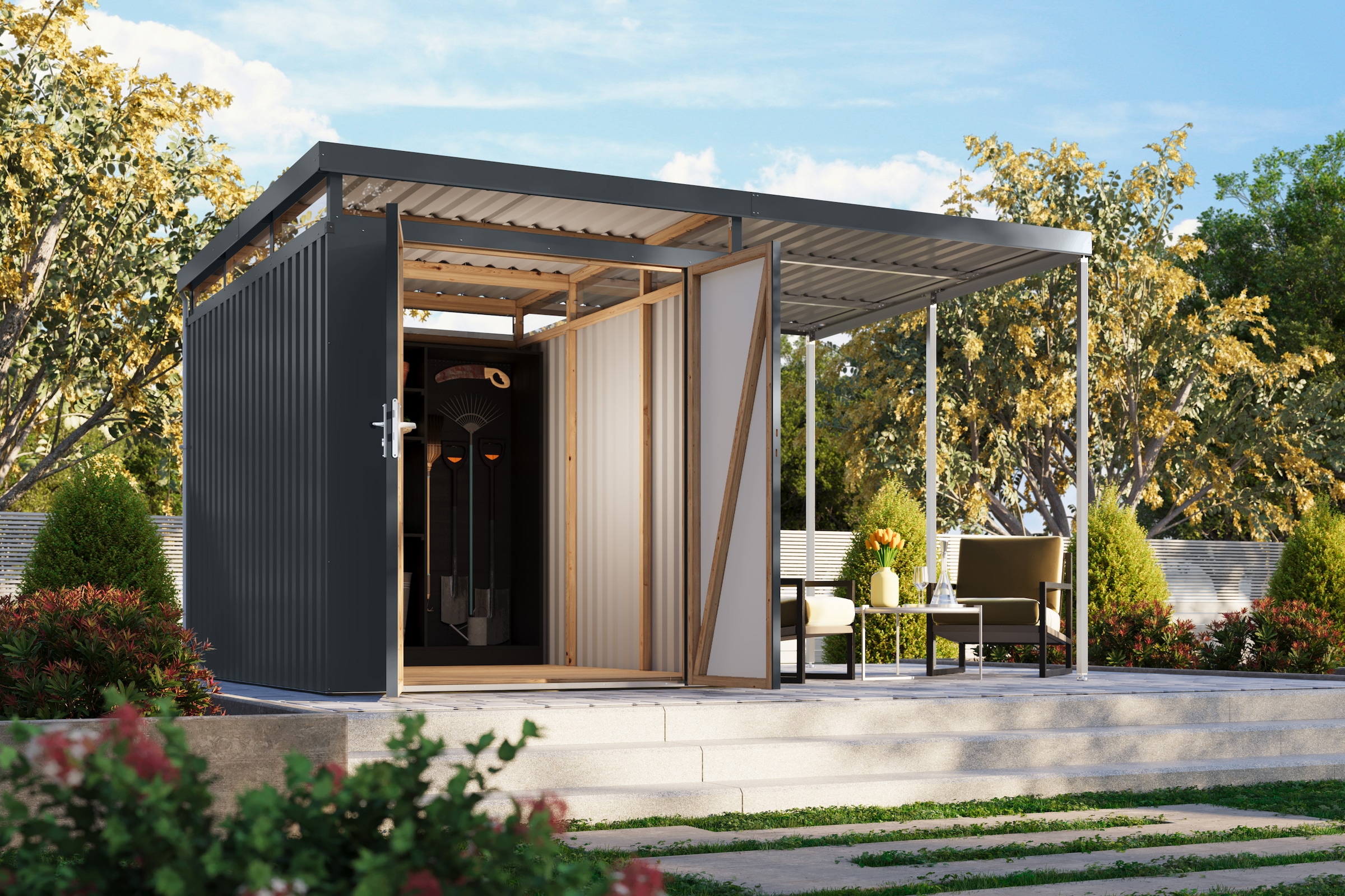 Karibu Gerätehaus »Titanium 2,5 SET mit Anbaudach« Made in Germany