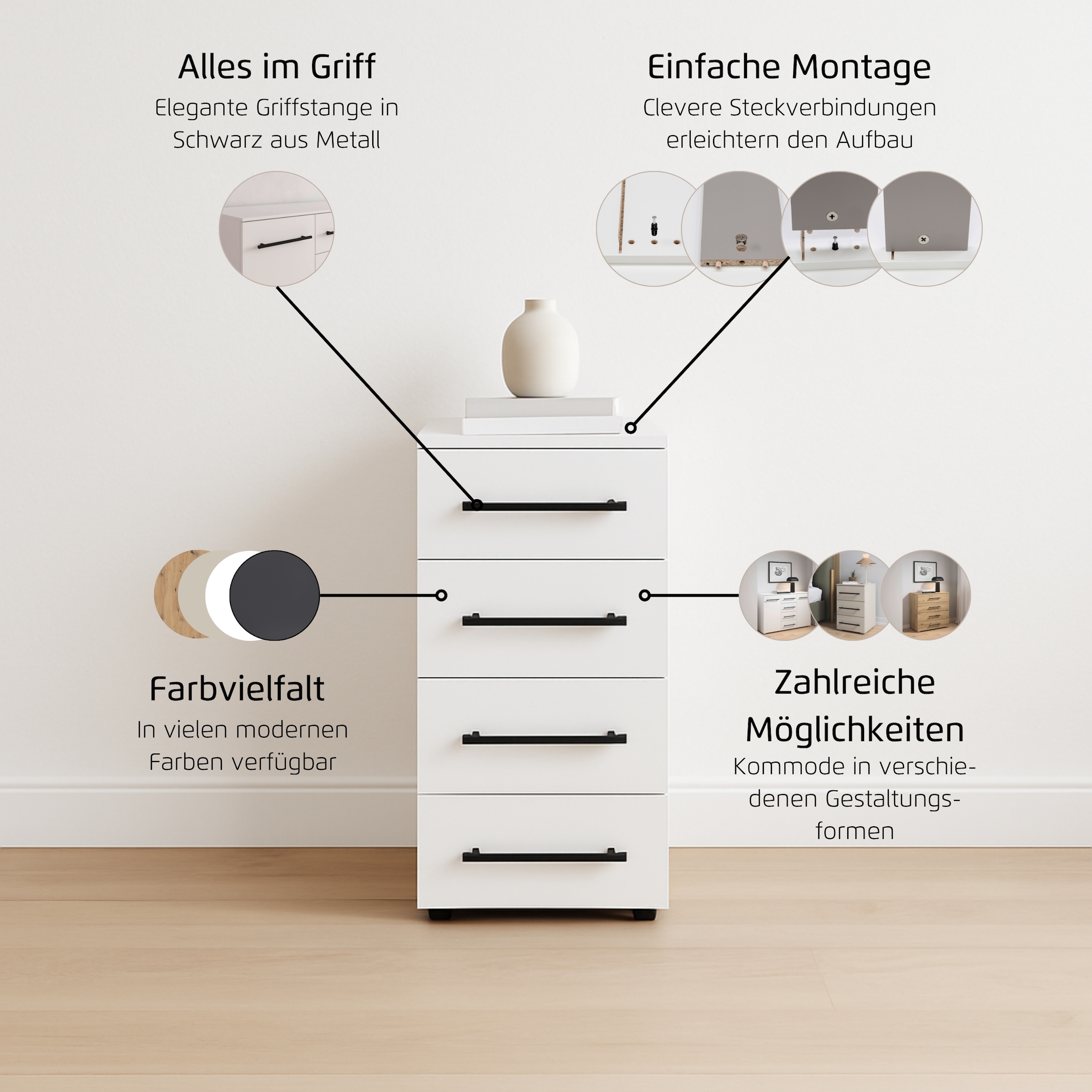 rauch Schubkastenkommode »Sideboard Schubladenkommode AVOLA mit Dekorfront« Breite 40 cm inkl. Soft-Close-Funktion,  mit 4 geräumigen Schubladen für viel Stauraum MADE IN GERMANY