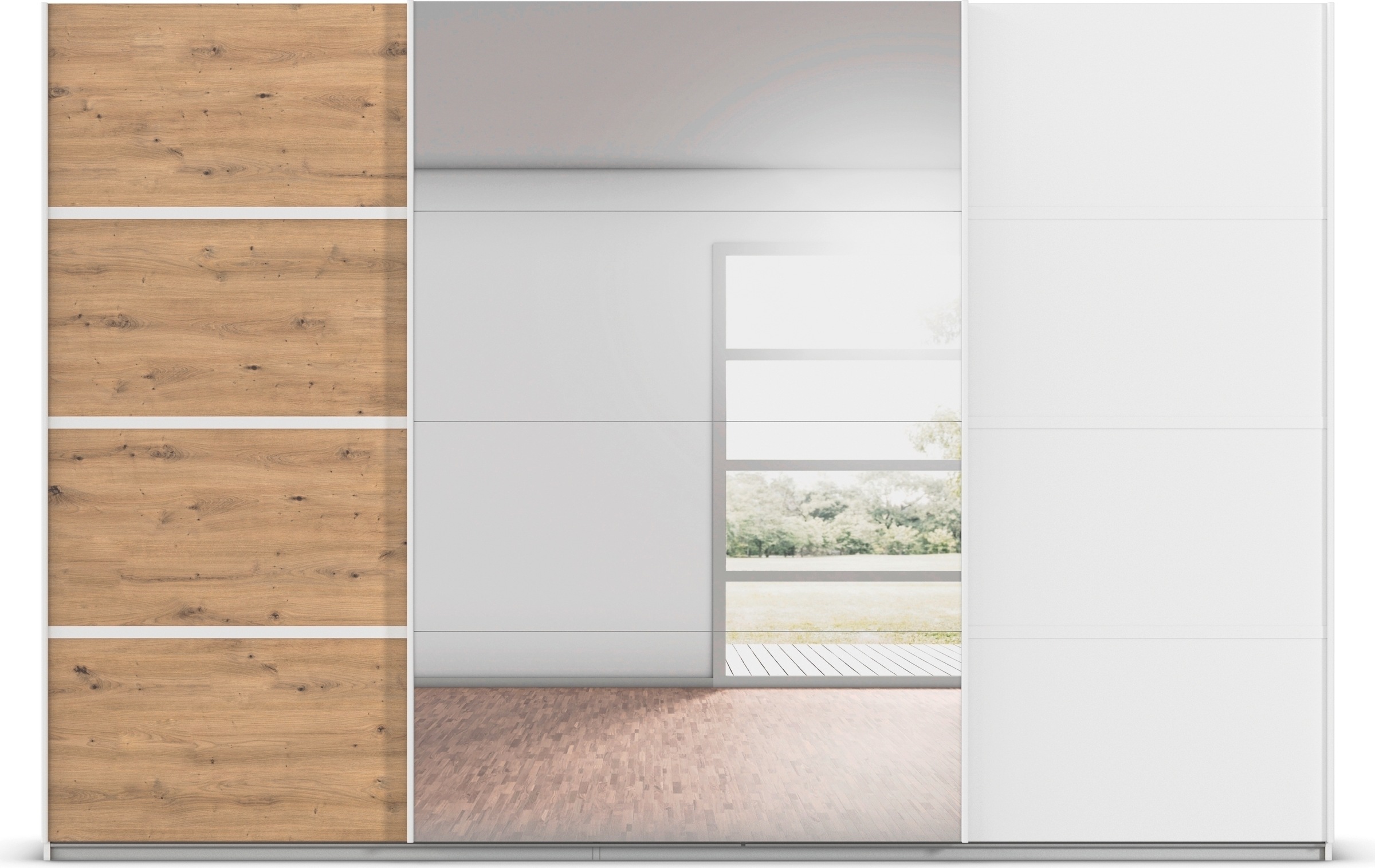 rauch Kleiderschrank »Schwebetürenschrank OTTO´s Choice Garderobe Schrank TOP ANGEBOT Avola«, (in 3 verschiedenen Ausstattungen BASIC/CLASSIC/PREMIUM inkl. Spiegel), mit eleganten Zierleisten in Chrom, Schwarz oder Weiß MADE IN GERMANY