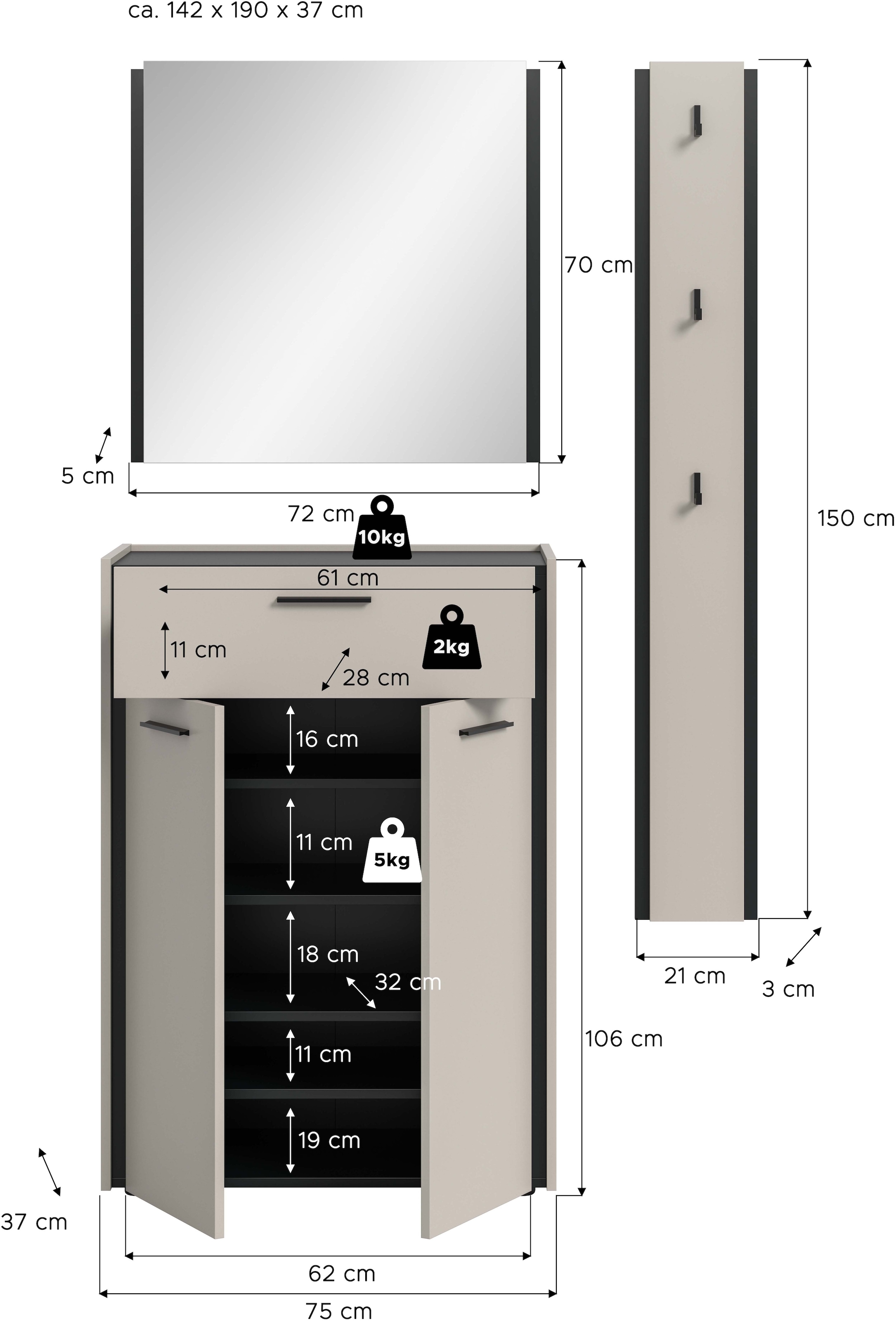 Home affaire Garderoben-Set »RAK, 3-teilige Garderoben-Kombination, Breite ca. 142 cm« Schuhkommode, Spiegel, Hakenpaneel, 3 Stk. tlg.