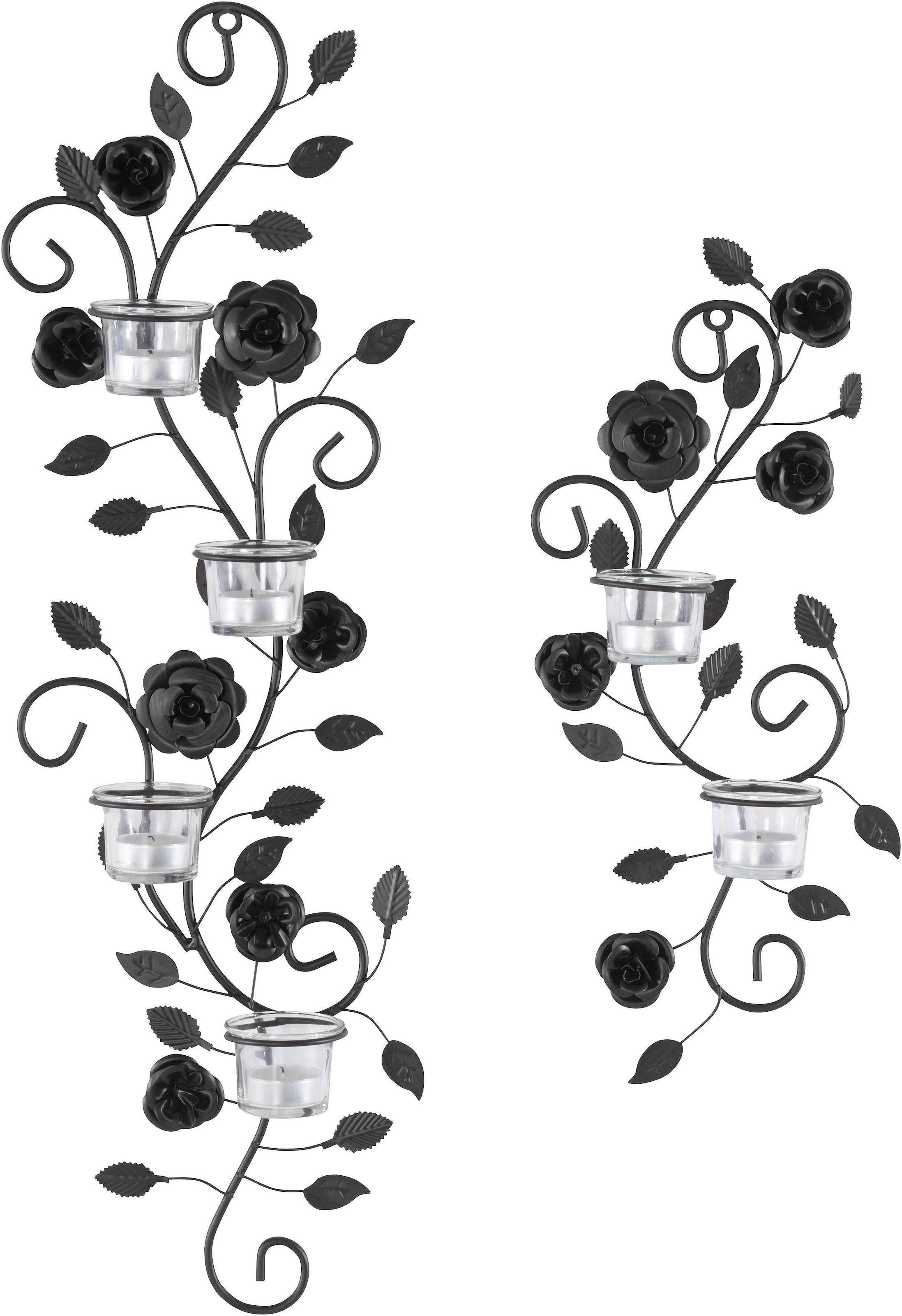Home affaire Wandkerzenhalter »Blumenranke, schwarz«, (2er-Set), Landhaus,  Metall, Glas, schwarz antik auf Raten bestellen | Wandkerzenhalter