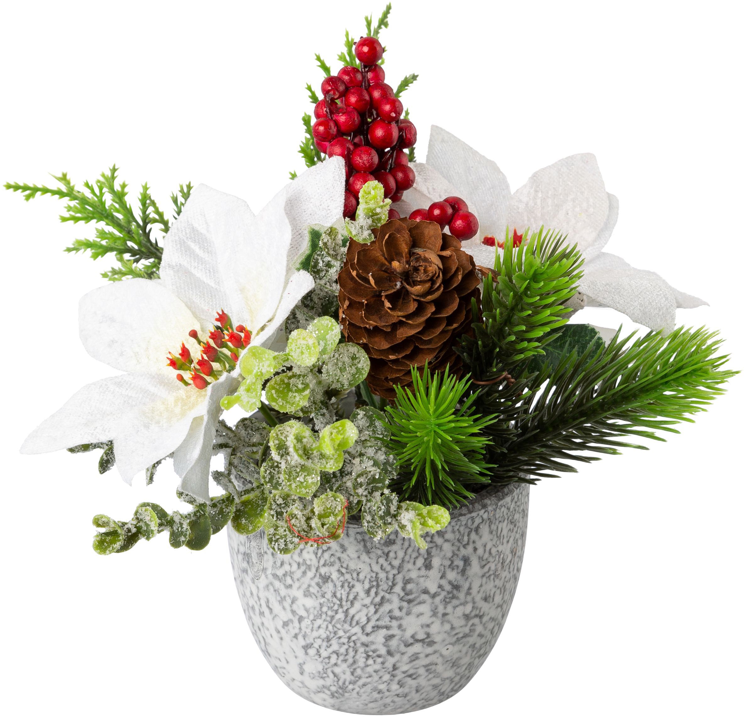 Zementtopf, im »Weihnachtsdeko«, Creativ online und bestellen Zweigen mit Kunstpflanze Zapfen, Beeren Winterliche green