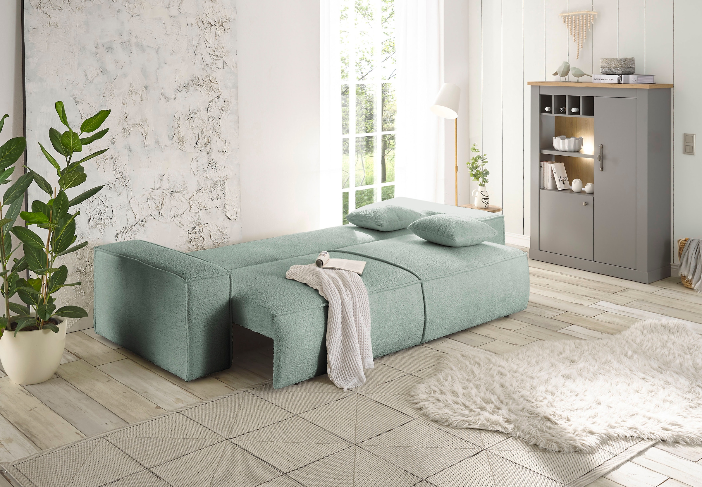 andas 3-Sitzer »FINNLEY Schlafsofa 257 cm, Schlaffunktion mit Bettkasten (200/136cm)«, in Aqua Clean-Bouclé, Struktur fein u. Cord