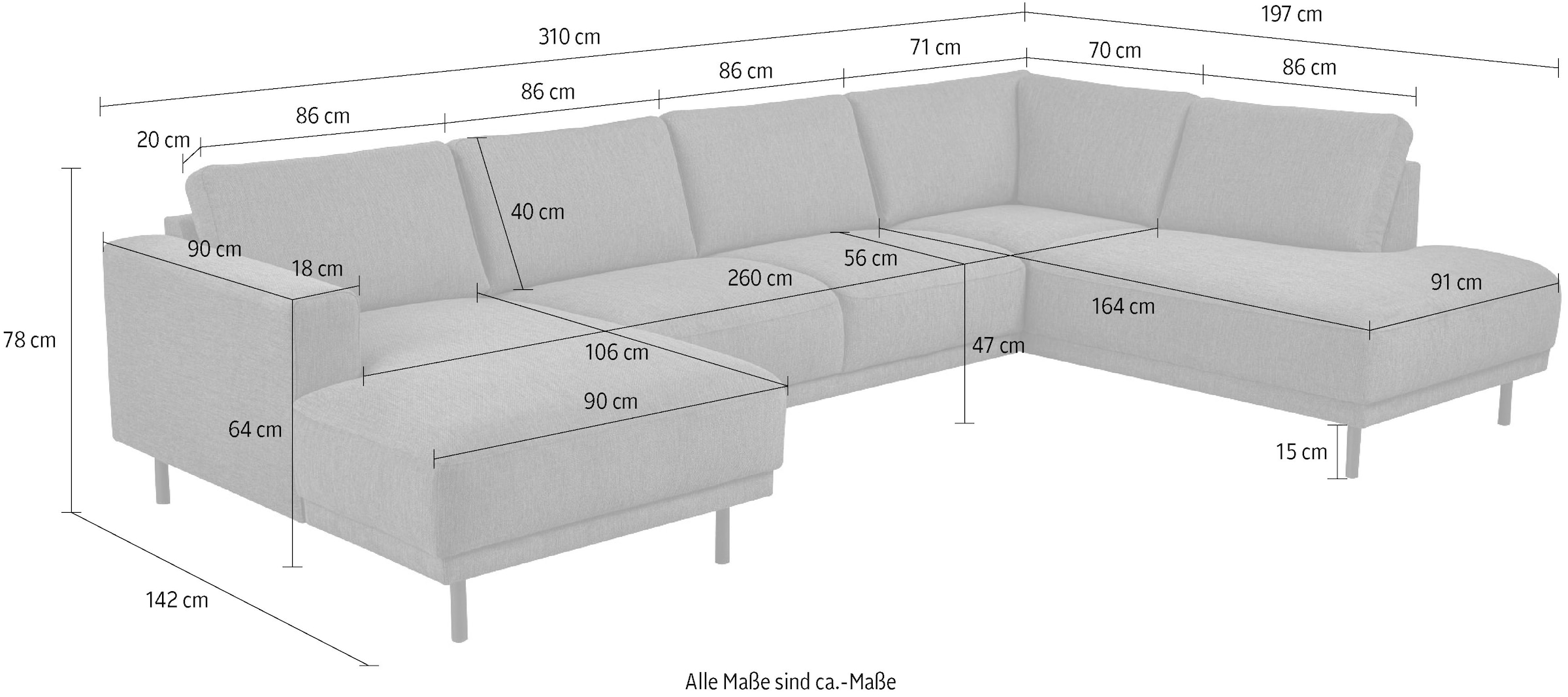 Home affaire Wohnlandschaft »Sveeva, U-Form, XXL, B.310 cm, schwarze Metallfüße« langlebiger Webstoff, mit Wellenunterfederung, viele Farben