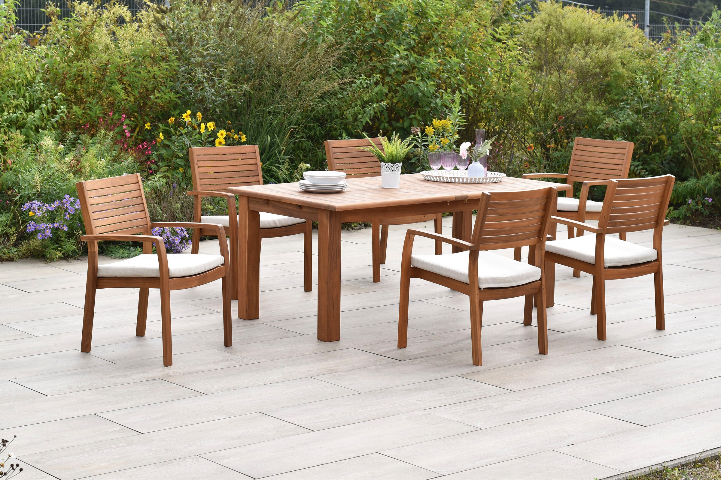 MERXX Garten-Essgruppe »»Batavia««, (Set, 13 tlg., Tisch doppelt ausziehbar: 100x 180/220/260x 75 cm), moderne Landhausoptik in warmen Holznuancen