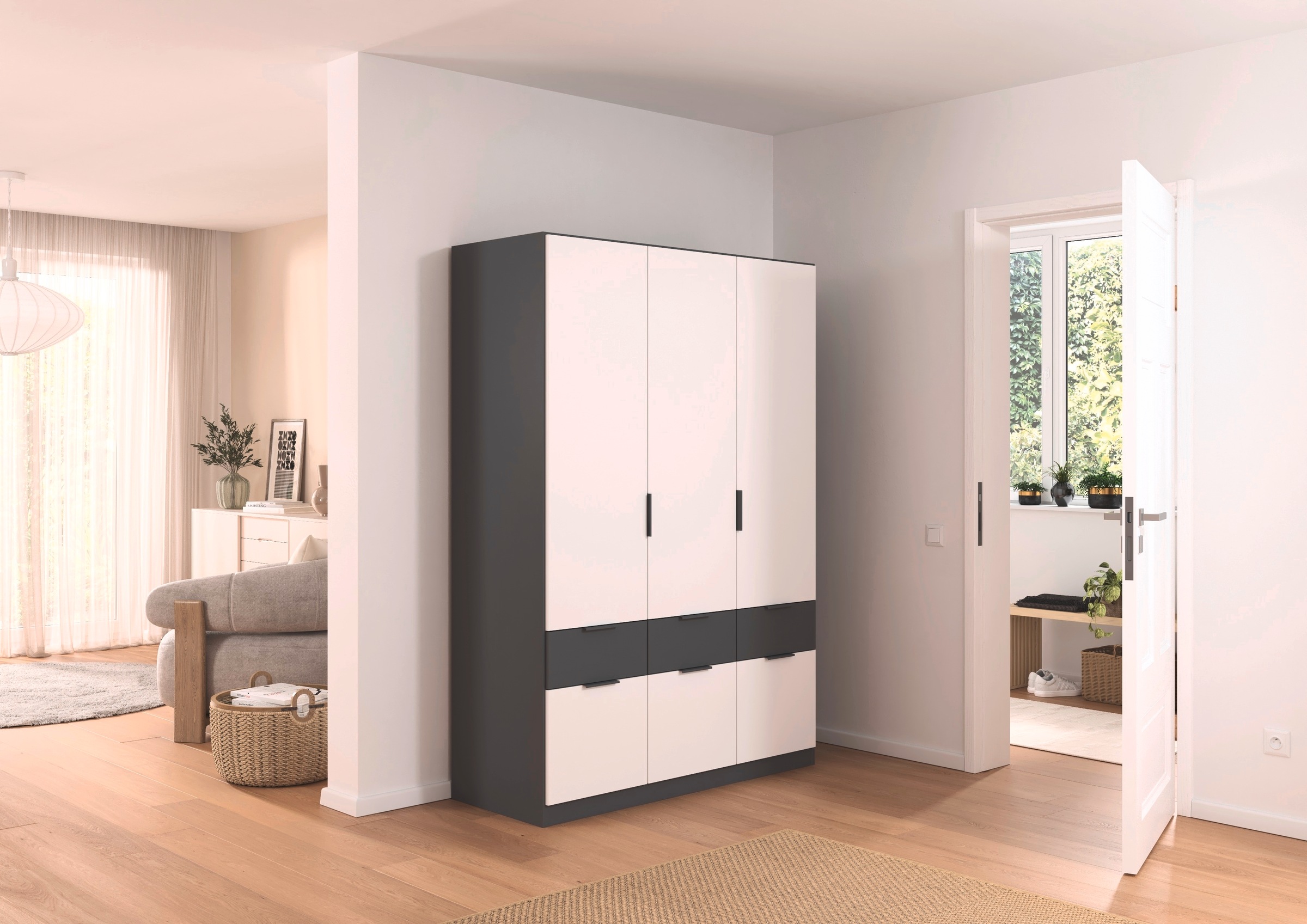 rauch Kleiderschrank »Kleiderschrank Schrank Garderobe Wäscheschrank DUNDEE«, (mit 3 Griff-Varianten), Schubladen in zwei Höhen, optional mit Spiegel MADE IN GERMANY