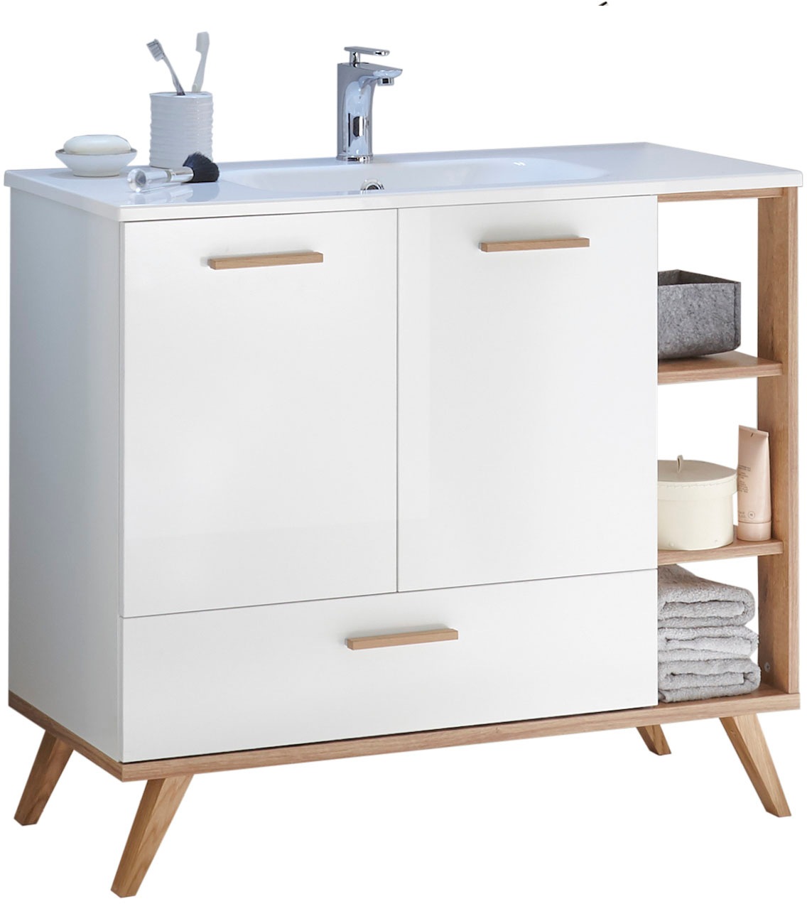 Saphir Badmöbel-Set »Quickset Mineralmarmor-Waschtisch mit LED-Spiegel, 101 cm breit«, (4 St.), Waschplatz, 2 Türen, 1 Schublade, seitliche Ablagen, Bad-Set