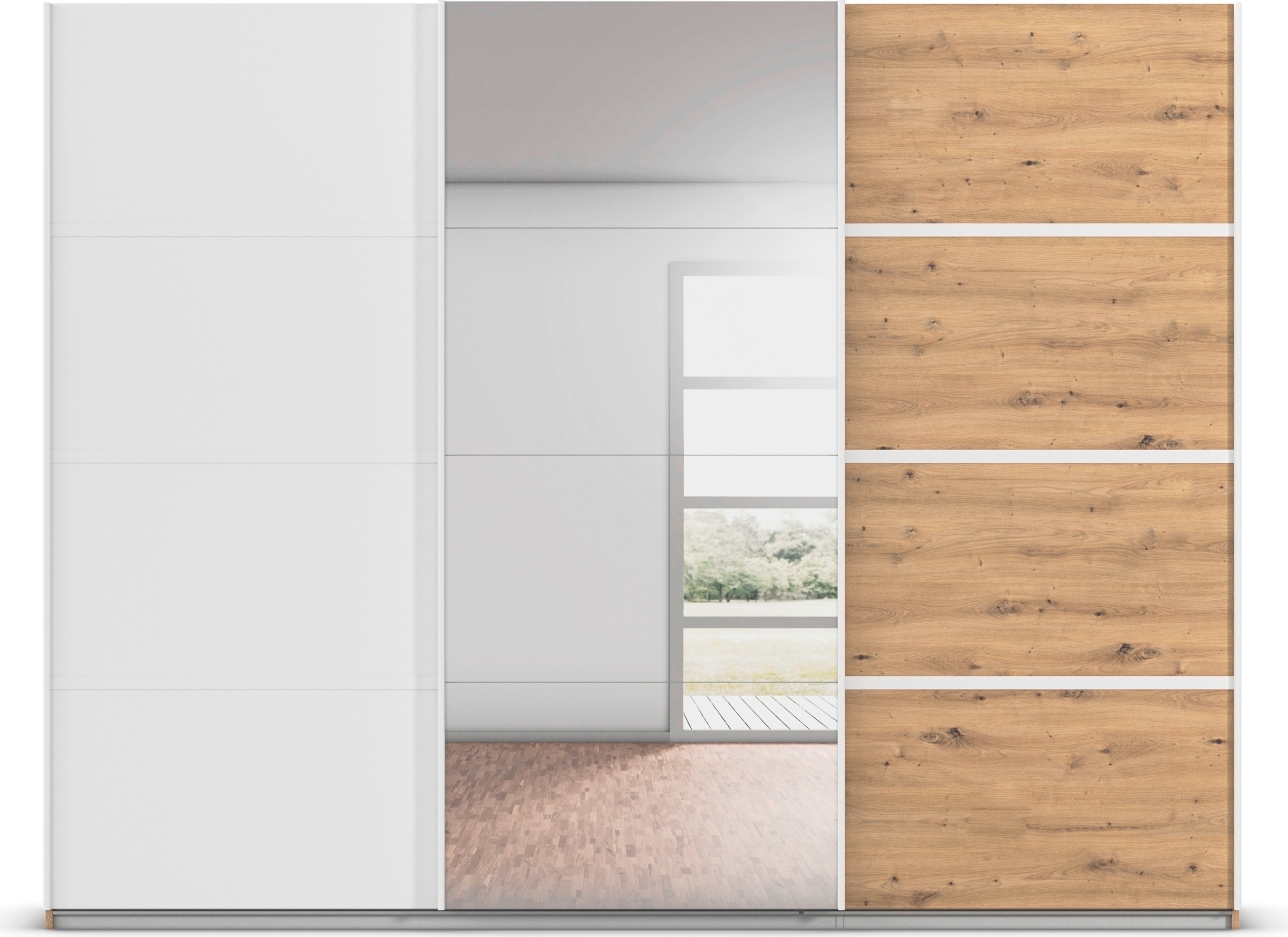 rauch Kleiderschrank »Schwebetürenschrank OTTO´s Choice Garderobe Schrank TOP ANGEBOT Avola«, (in 3 verschiedenen Ausstattungen BASIC/CLASSIC/PREMIUM inkl. Spiegel), mit eleganten Zierleisten in Chrom, Schwarz oder Weiß MADE IN GERMANY