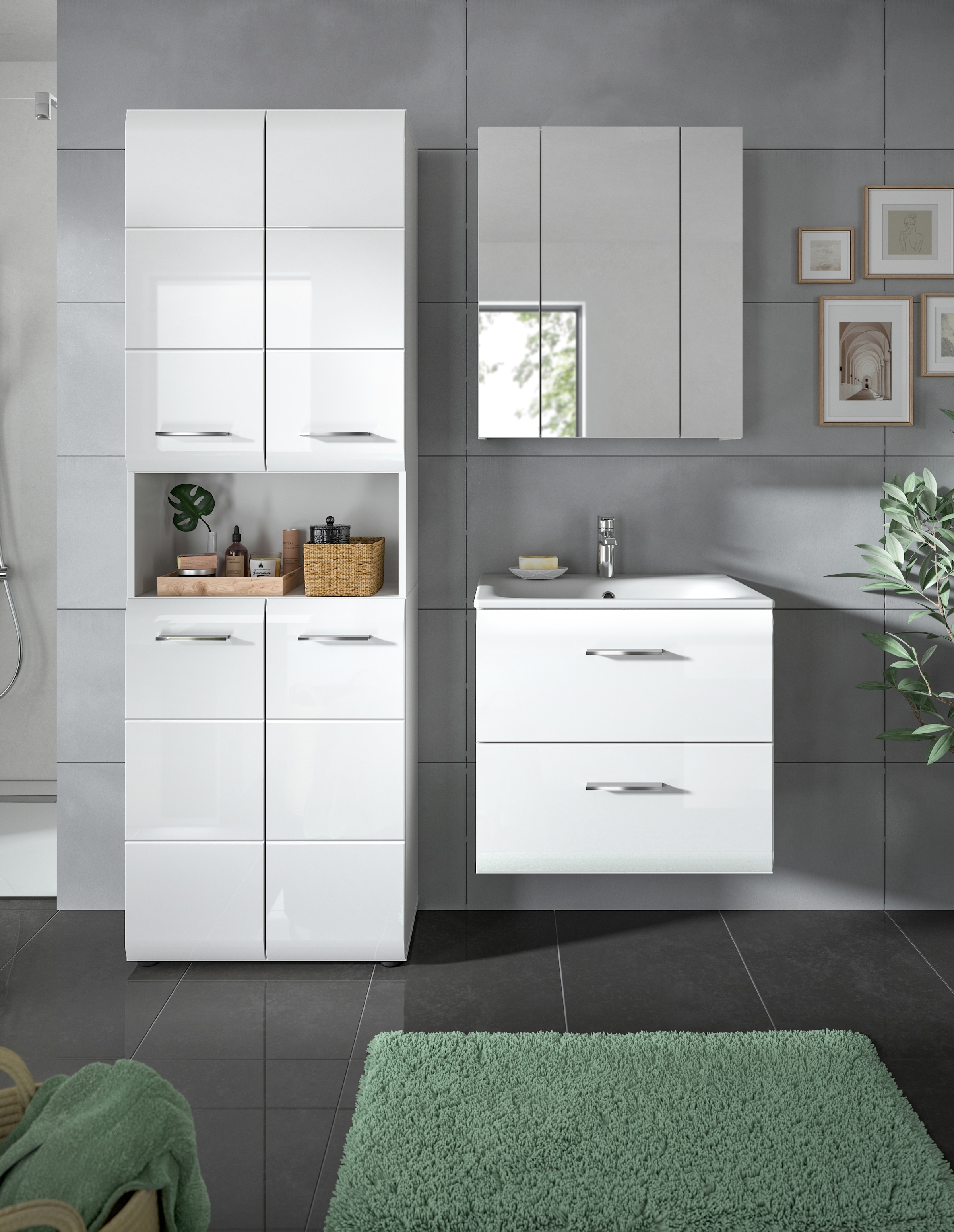INOSIGN Badezimmer-Set, (Set, 4 St.), Florenz, Badkombination 4-tlg.,Weiß hochglanz, inkl. Waschbecken