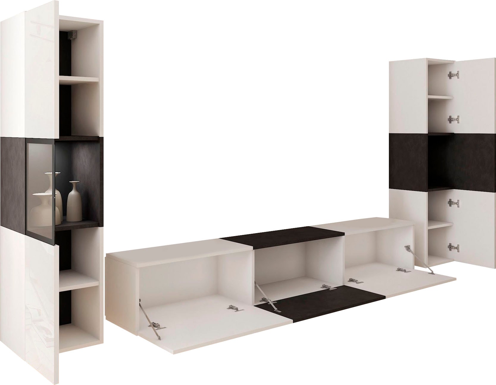 INOSIGN Wohnwand »BERLIN III«, (Komplett-Set, 3 St.), moderne grifflose Mediawand Breite 260 cm, Vitrine mit Verglasung