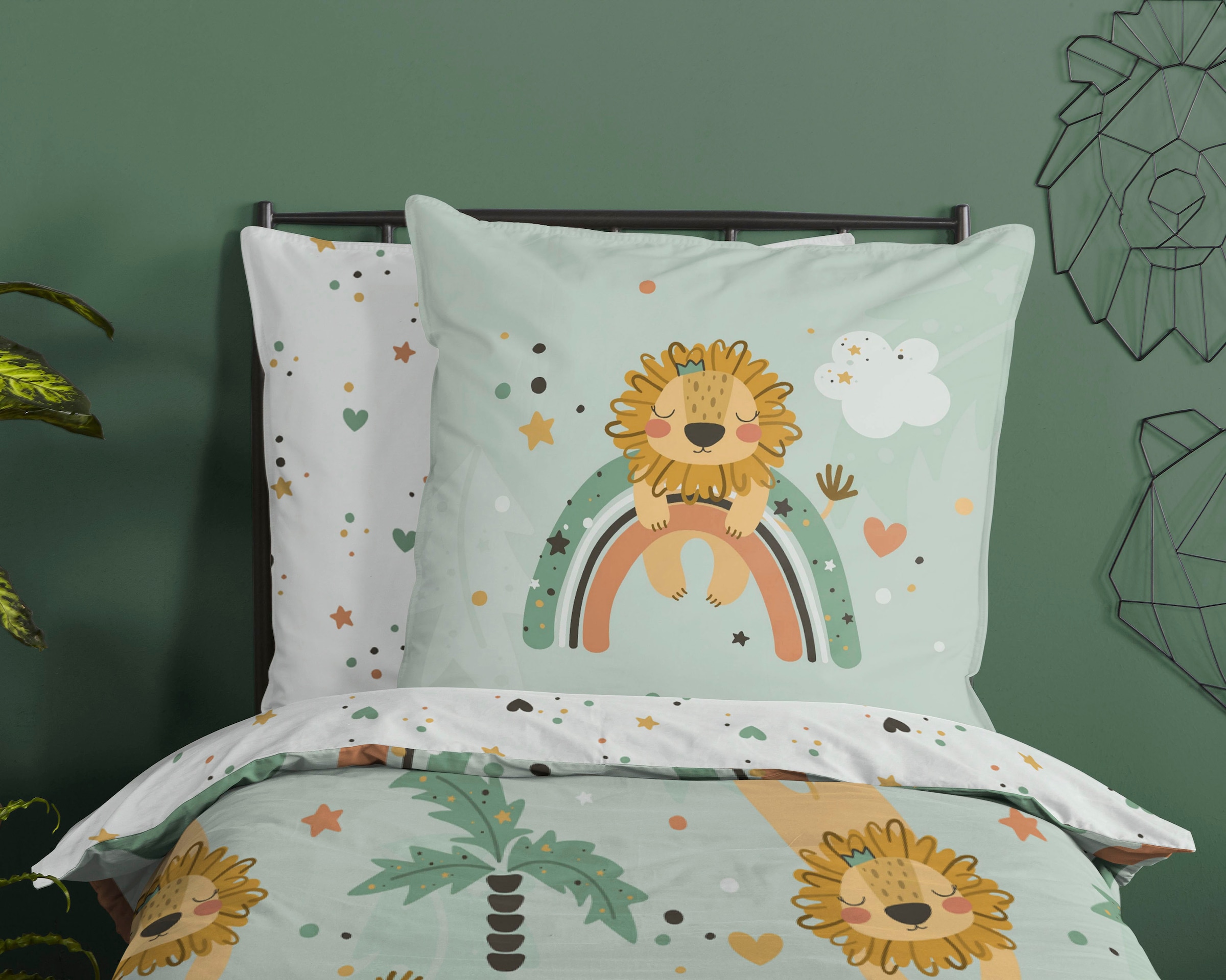 good morning Kinderbettwäsche »Lions«, Baumwolle, 135x200, Reißverschluss, Wendeoptik, Kind, Junge, Grün Löwe