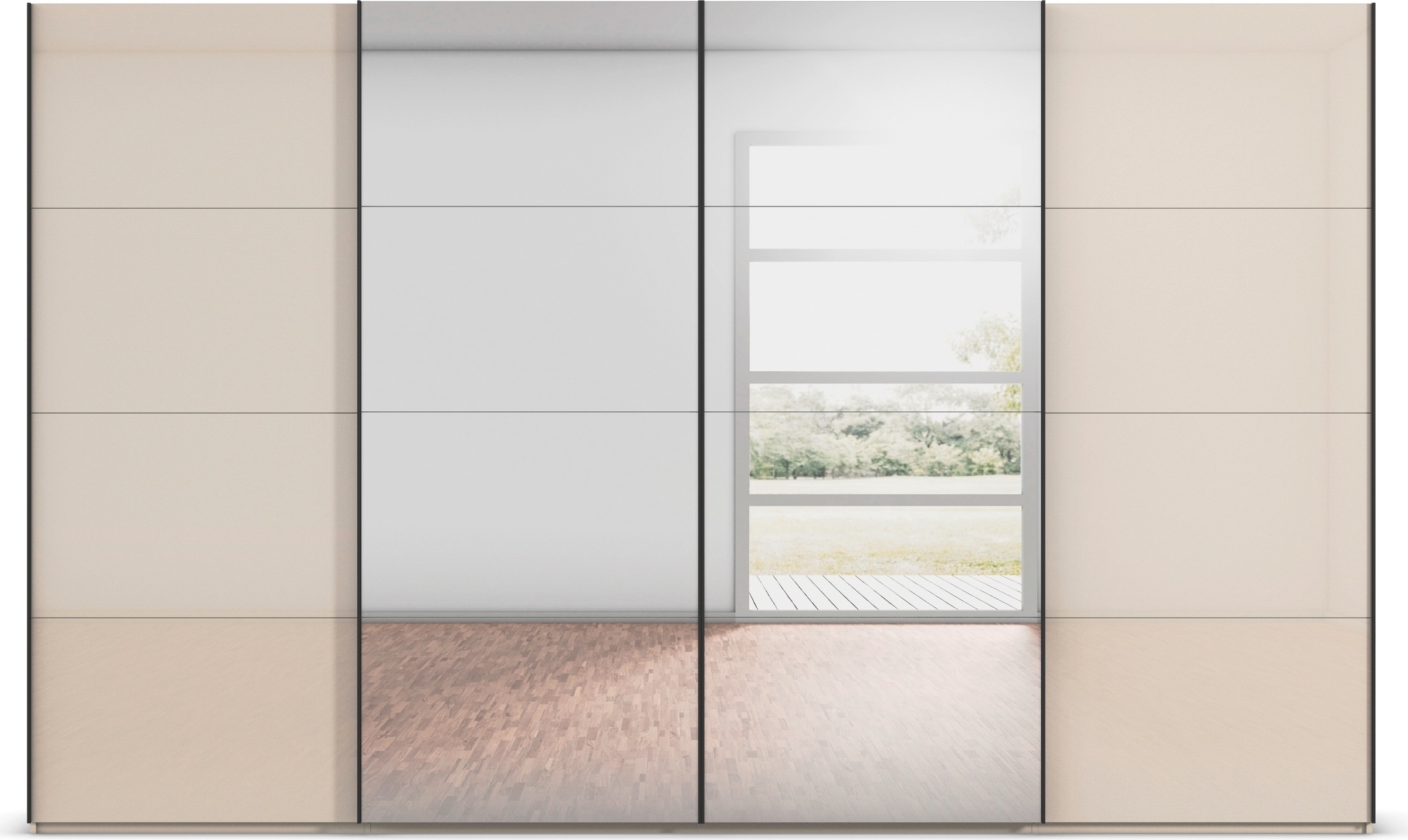rauch Schwebetürenschrank »Kleiderschrank Schrank Garderobe Schlafzimmerschrank SCALE-FYRA«, edle viergeteilte Türen Spiegel/Glas-Mix viele Farben MADE IN GERMANY