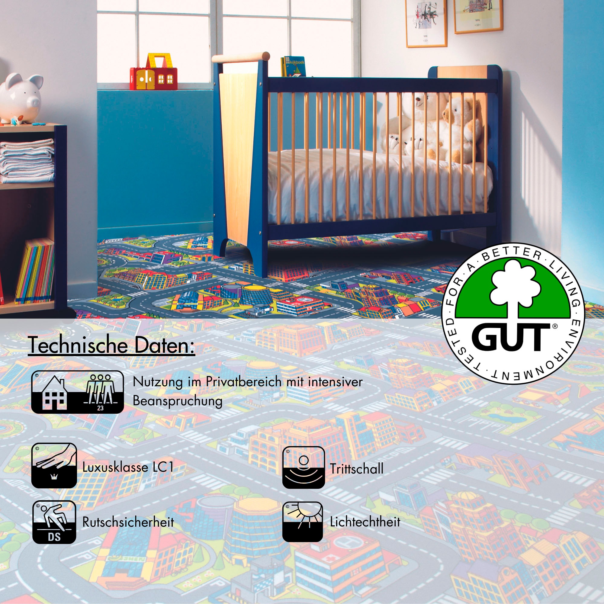 Andiamo Teppichboden »City, Schlinge, Made in Belgium«, rechteckig, 6,5 mm Höhe, Spielteppich, Straßenteppich, Breite 200 cm oder 400 cm, Kinderzimmer