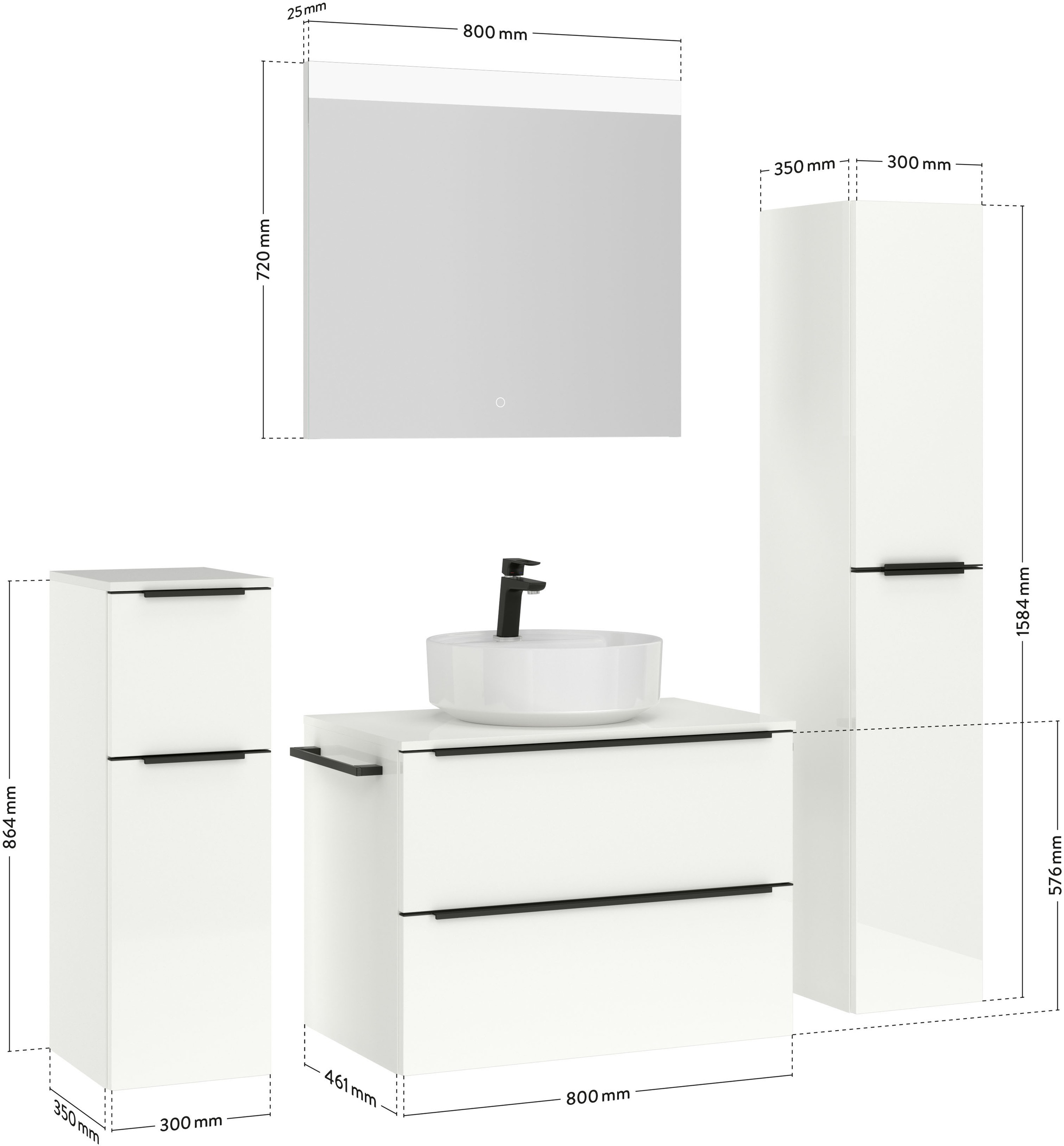 nobilia® Badmöbel-Set »Alvene«, (4 St., vormontiert, mit Soft-Close), Hochglanz, inkl. Spiegel mit Touch-Sensor, in vier Breiten