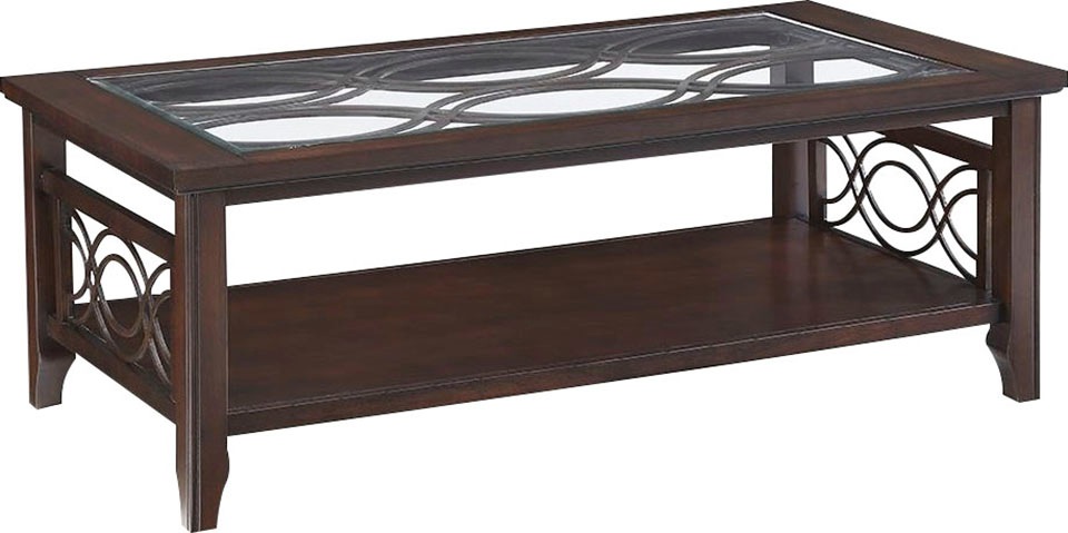 Leonique Couchtisch »Brayden«, Couchtisch Nussbaum, braun, edel, Ablageboden, Glasplatte, 132x71x46