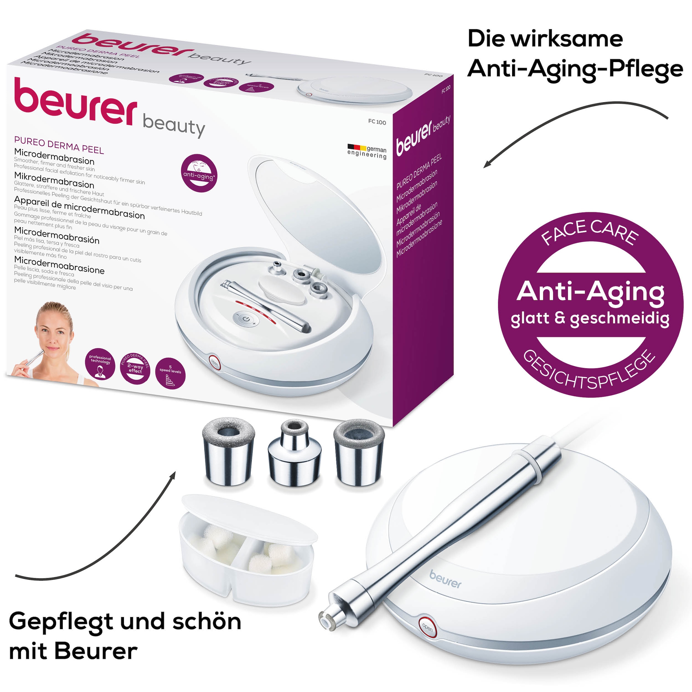 BEURER Mikrodermabrasionsgerät »FC 100 für ein revitalisierendes Peeling«, Mit 5 Intensitätsstufen und 3 hochwertigen Aufsätzen