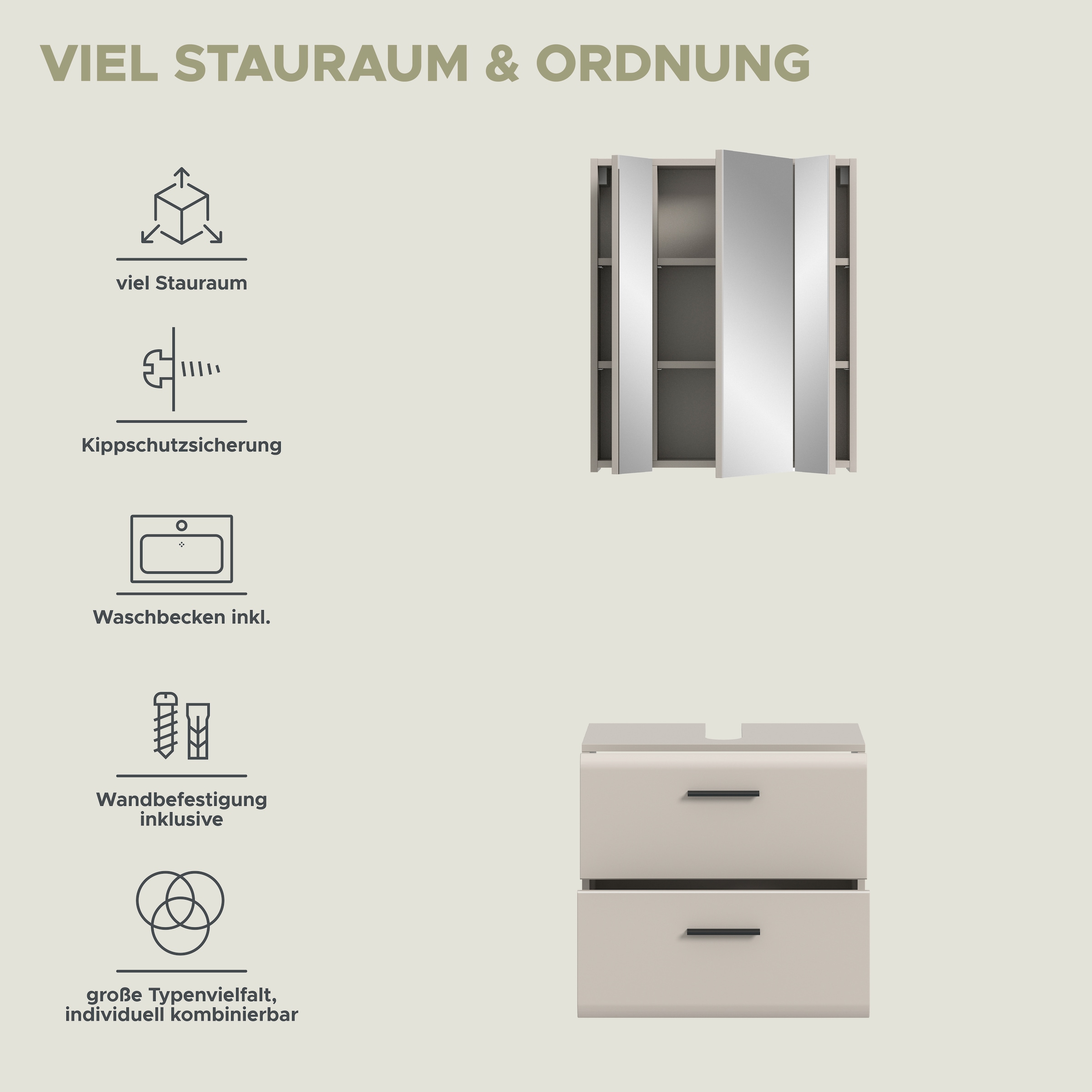 welltime Badmöbel-Set »FLORENZ, 2-tlg. Bad-Kombination, hochwertige MDF-Front« best. aus: 1 Spiegelschrank, 1 Waschbeckenunterschrank, 3 Stk. tlg.