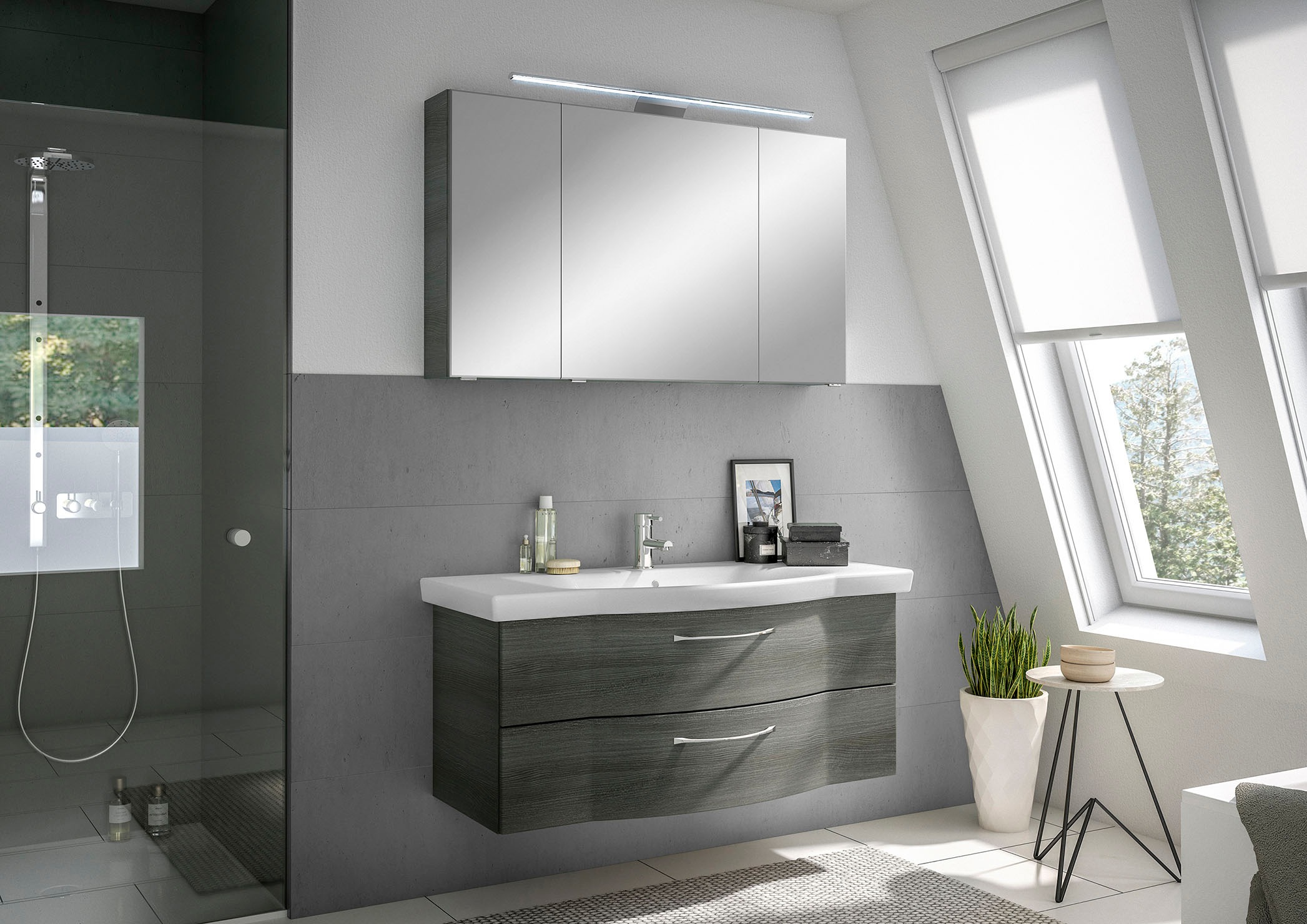 Saphir Badmöbel-Set »6005 Sprint Keramik-Waschtisch mit LED-Spiegelschrank, 122 cm breit«, (2 St.), Waschplatz inkl. Türdämpfer, 3 Türen, 2 Schubladen, Waschtisch Set