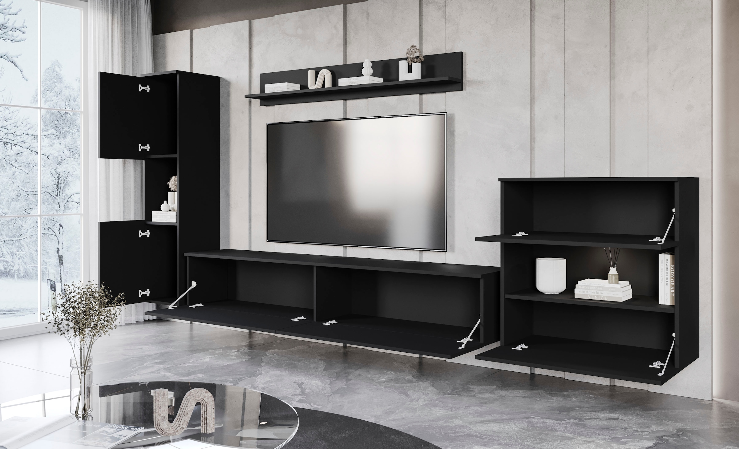 INOSIGN Wohnwand »PARIS, Vitrine Türanschlag links/rechts wechselbar«, (Komplett-Set, 4 St.), grifflose Design, stehend und hängend montierbar
