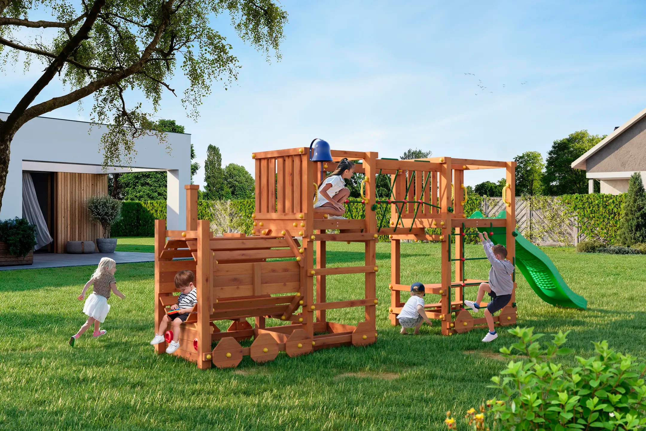 FUNGOO Spielturm »Loco Express, mit Rutsche, Dampflok-Tunnel, Holzdach u. Spielelementen«, Made in Europe