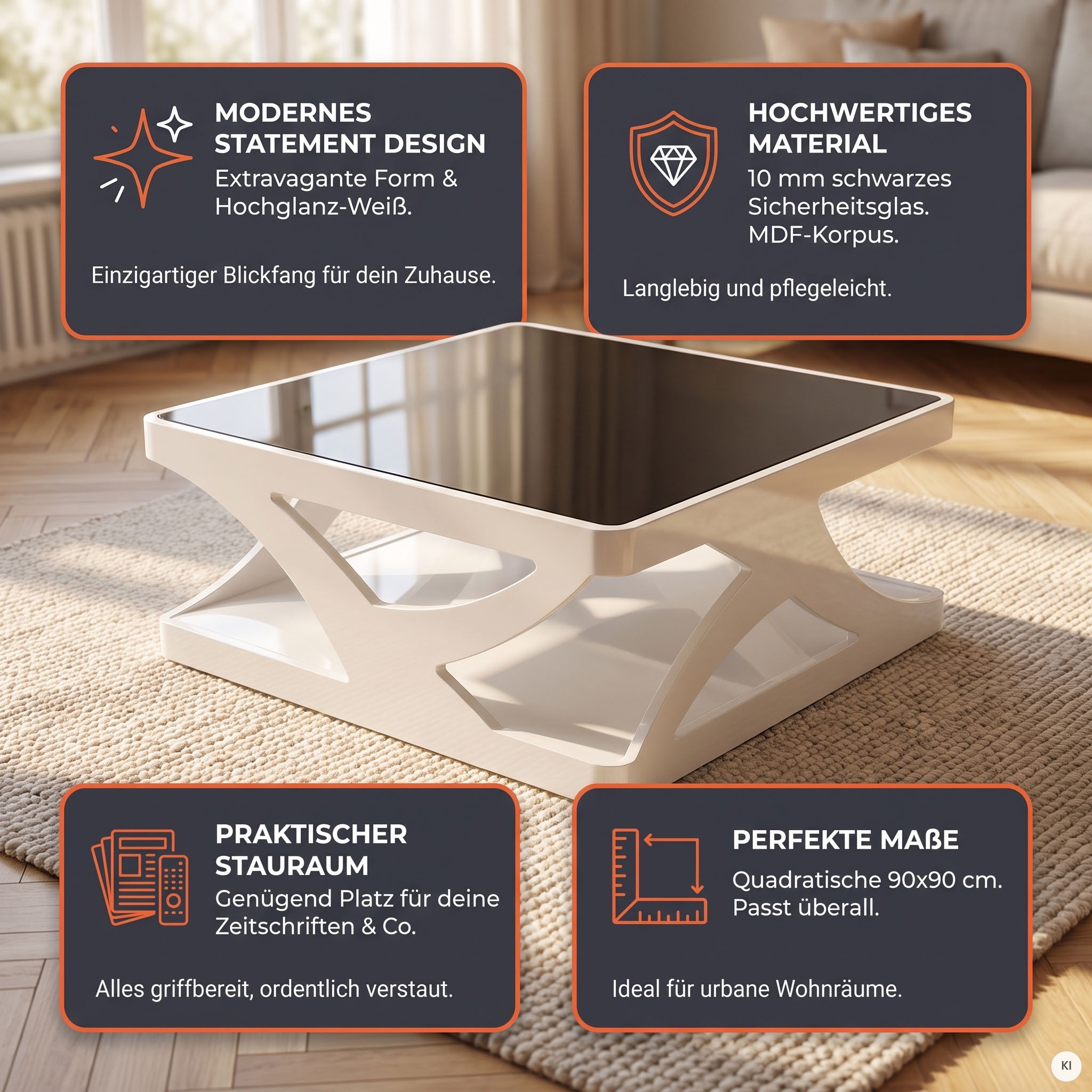 SalesFever Couchtisch »Lacona Coffeetable mit stilvollem Aussehen« 10 mm Schwarzglasplatte, rechteckig oder quadratisch