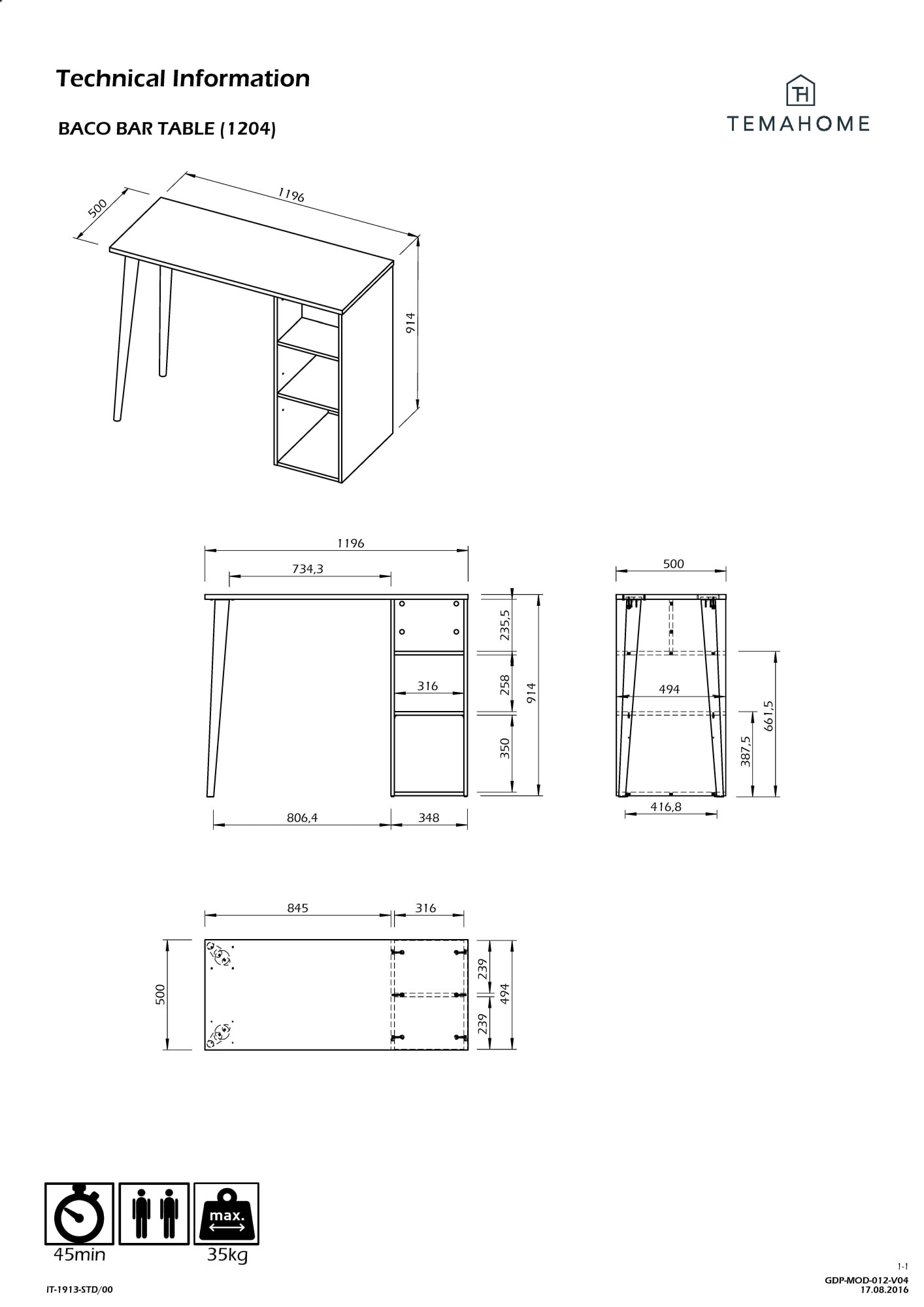 TemaHome Tresentisch »BACO Bartisch, Stehtisch, Breite 119 cm,«, mit offene Fächer, Rechteckig