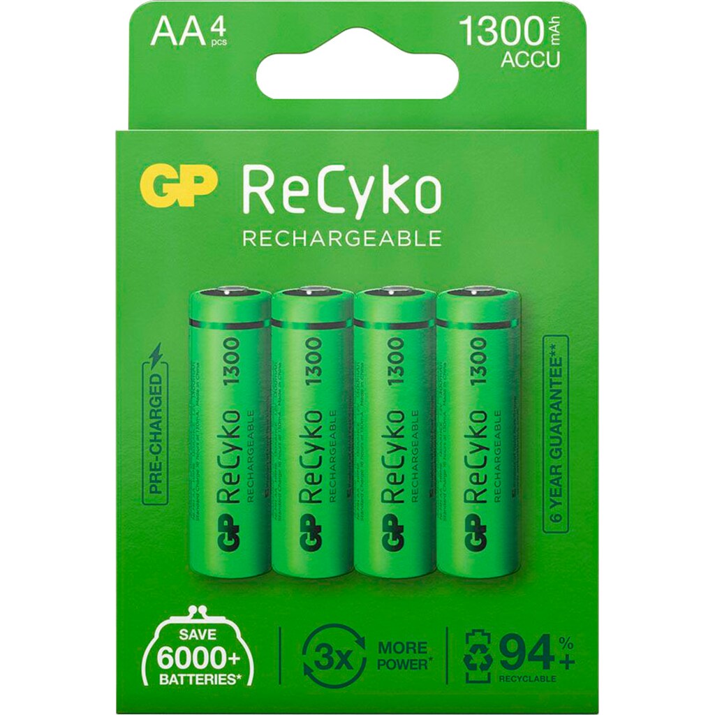 GP Batteries Akku »4er Pack AA Akku GP NiMH 1300 mAh ReCyko 1,2V«, AA, 1300 mAh