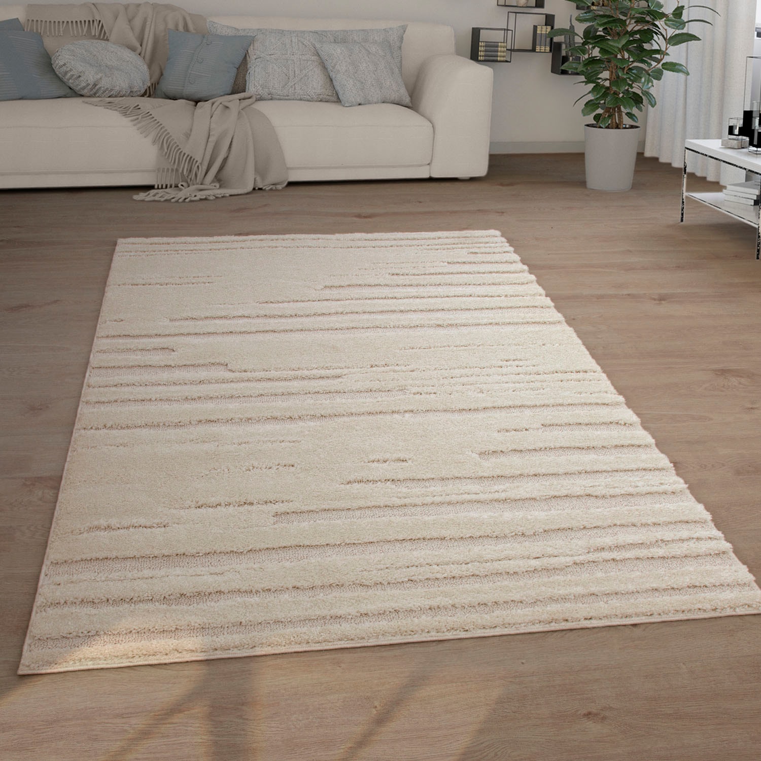 Paco Home Hochflor-Teppich »Genua 742«, rechteckig, 34 mm Höhe, Uni-Farben, Hoch-Tief Effekt, gestreift, modernes Design, Flor