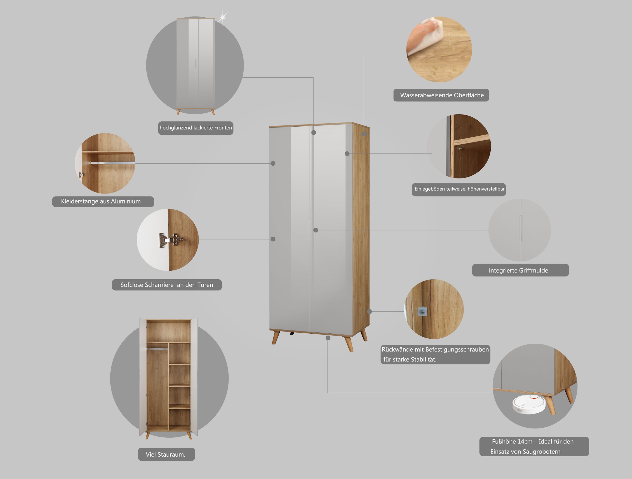andas Kleiderschrank »Lund Schlafzimmerschrank Bestseller im skandinavischem Design«, Garderobenschrank mit Premium Innenausstattung, Breite 80 cm hochglanz
