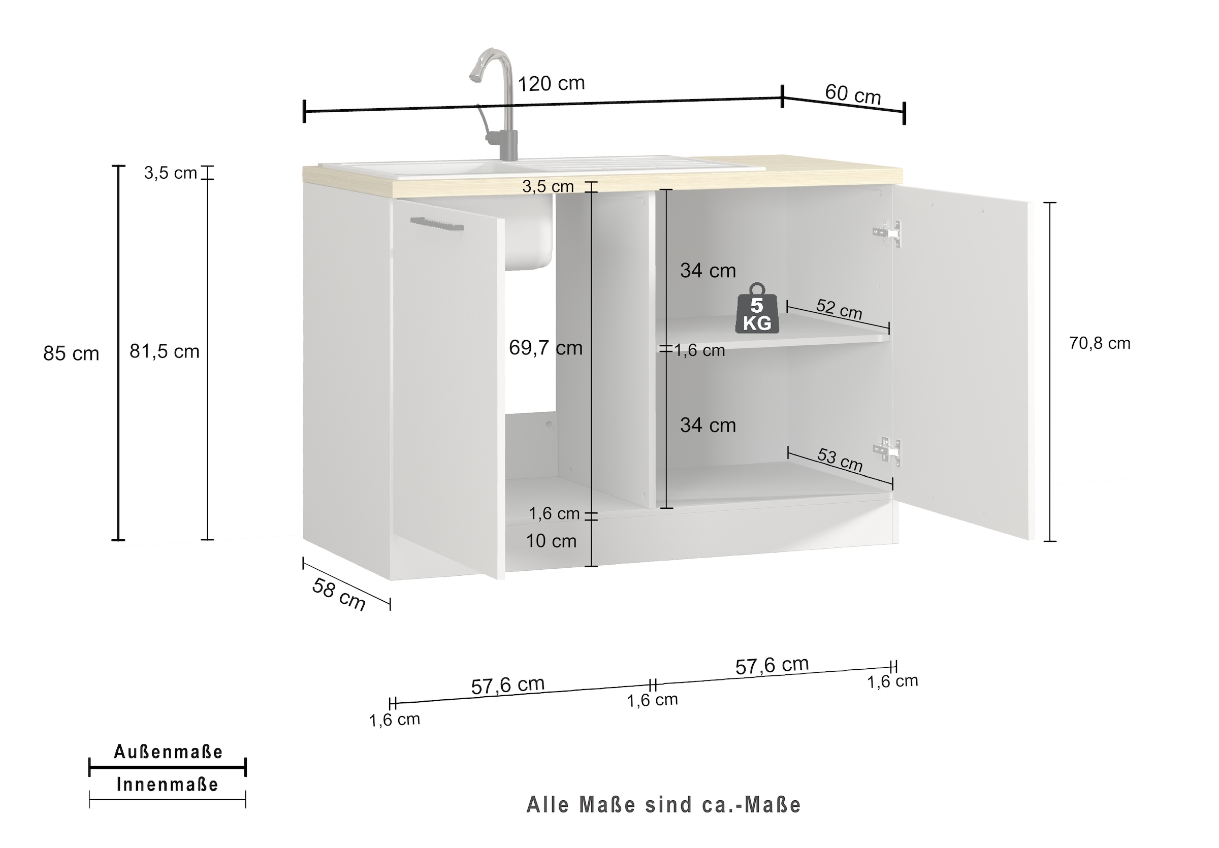 KOCHSTATION Spülenschrank »Luna, Unterschrank für Spüle, Küchenspülenschrank, Made in  Italy« B/T/H: 120×60×85 cm, inklusive Einbauspüle und Siphon