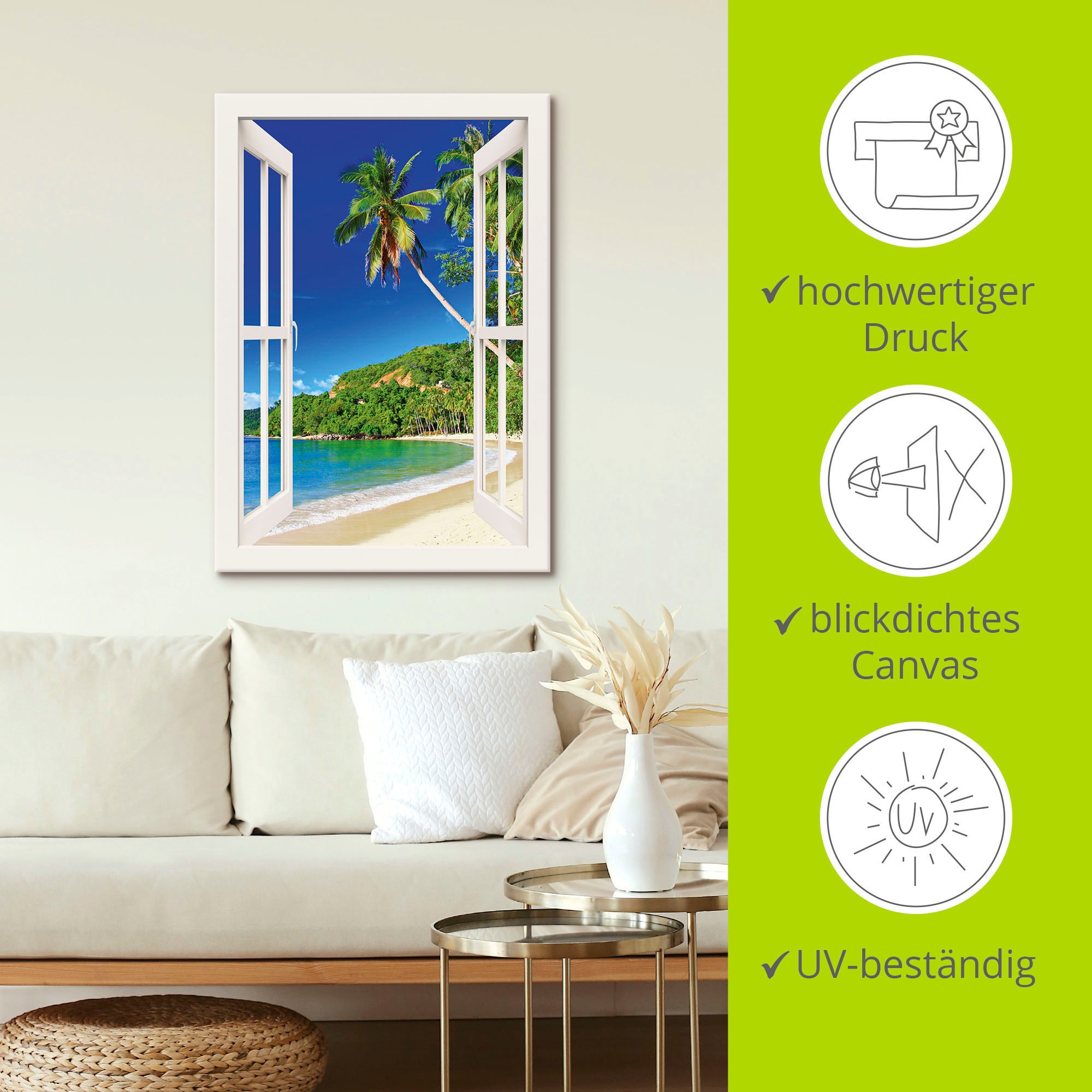 Artland Wandbild »Fensterblick Paradies«, Fensterblick, (1 St.), als Leinwandbild, Poster, Wandaufkleber in verschied. Größen