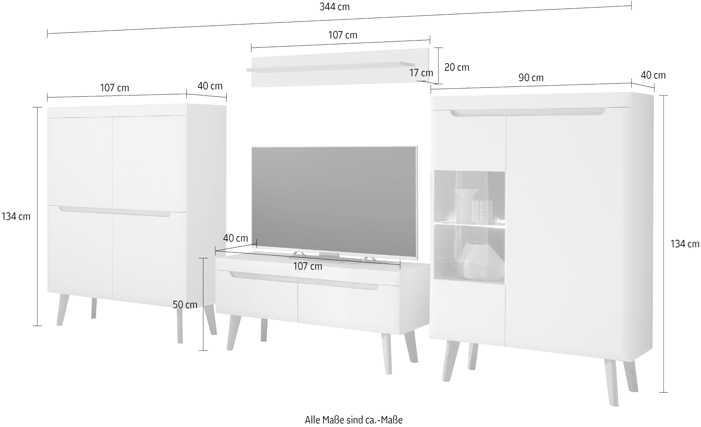 INOSIGN Wohnwand »Torge, Anbauwand, Schrankwand, Mediawand, Wohnzimmer-Set«, (Set, 4 St.), enthält 1 Vitrine, 1 Lowboard, 1 Highboard + 1 Wandboard, 344 cm breit