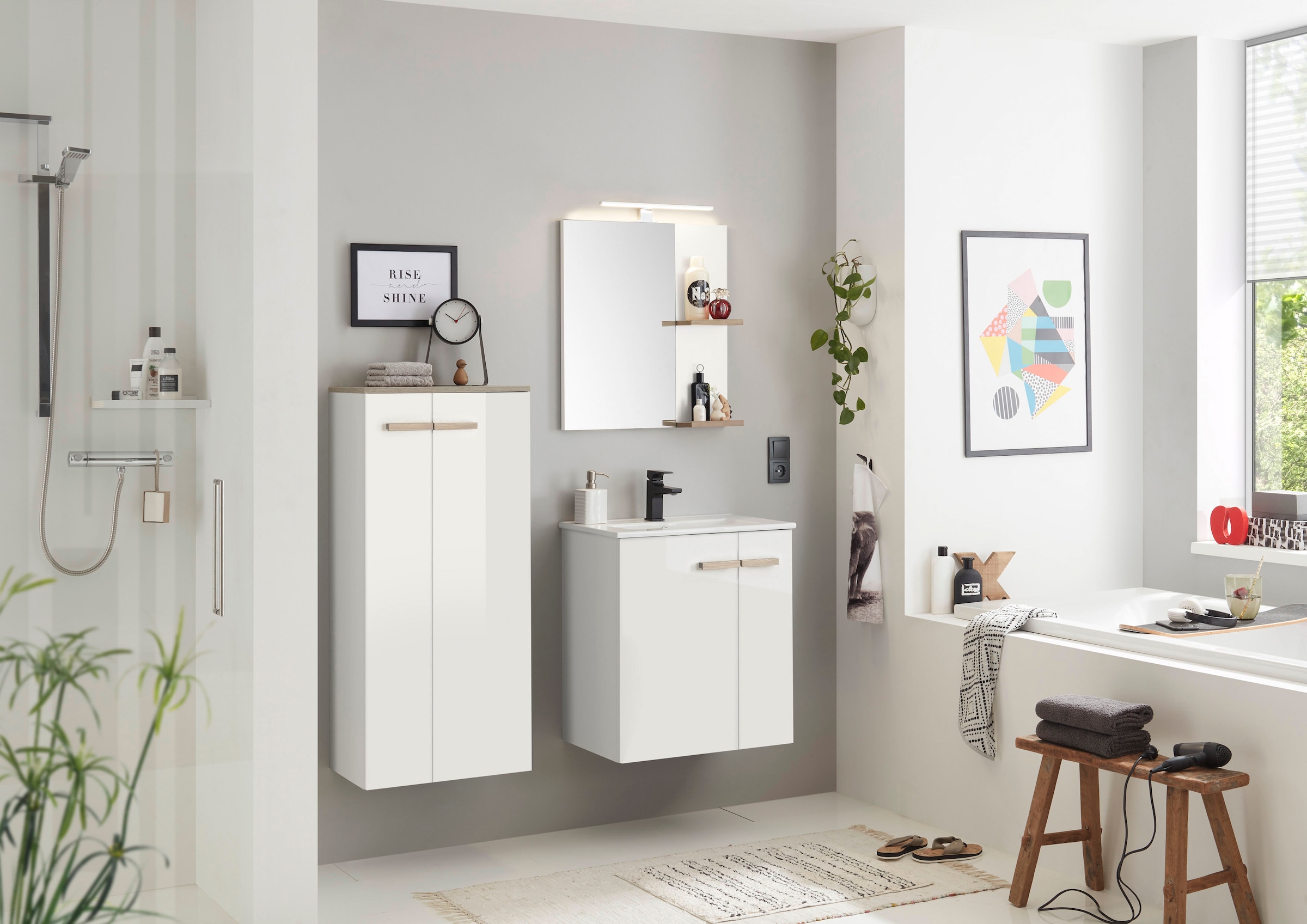 Places of Style Badmöbel-Set »SOLiD, Badmöbel-Set, Bad im modernen Design, 3-teiliges Badezimmer«, (3 St.), Waschtisch mit Waschbecken, Midischrank, Breite 130 cm