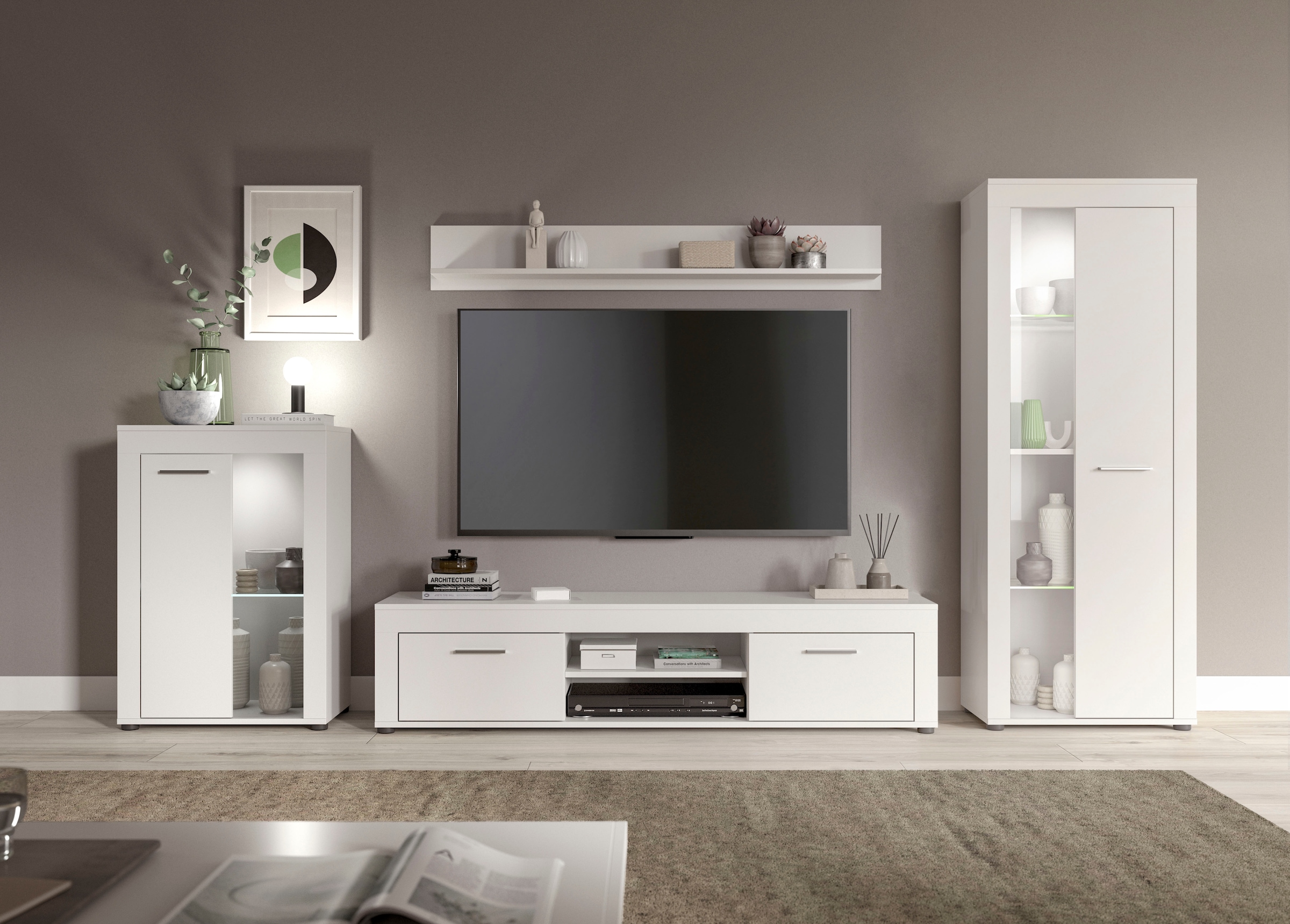 INOSIGN Wohnwand »Aosta, 4-tlg., best. aus: Vitrine, Lowboard, Wandboard & Vitrine hoch«, (4 St.), Wohnwand, Kombination, Anbauwand, Möbel Set, Schrankwand, Möbel Kombi