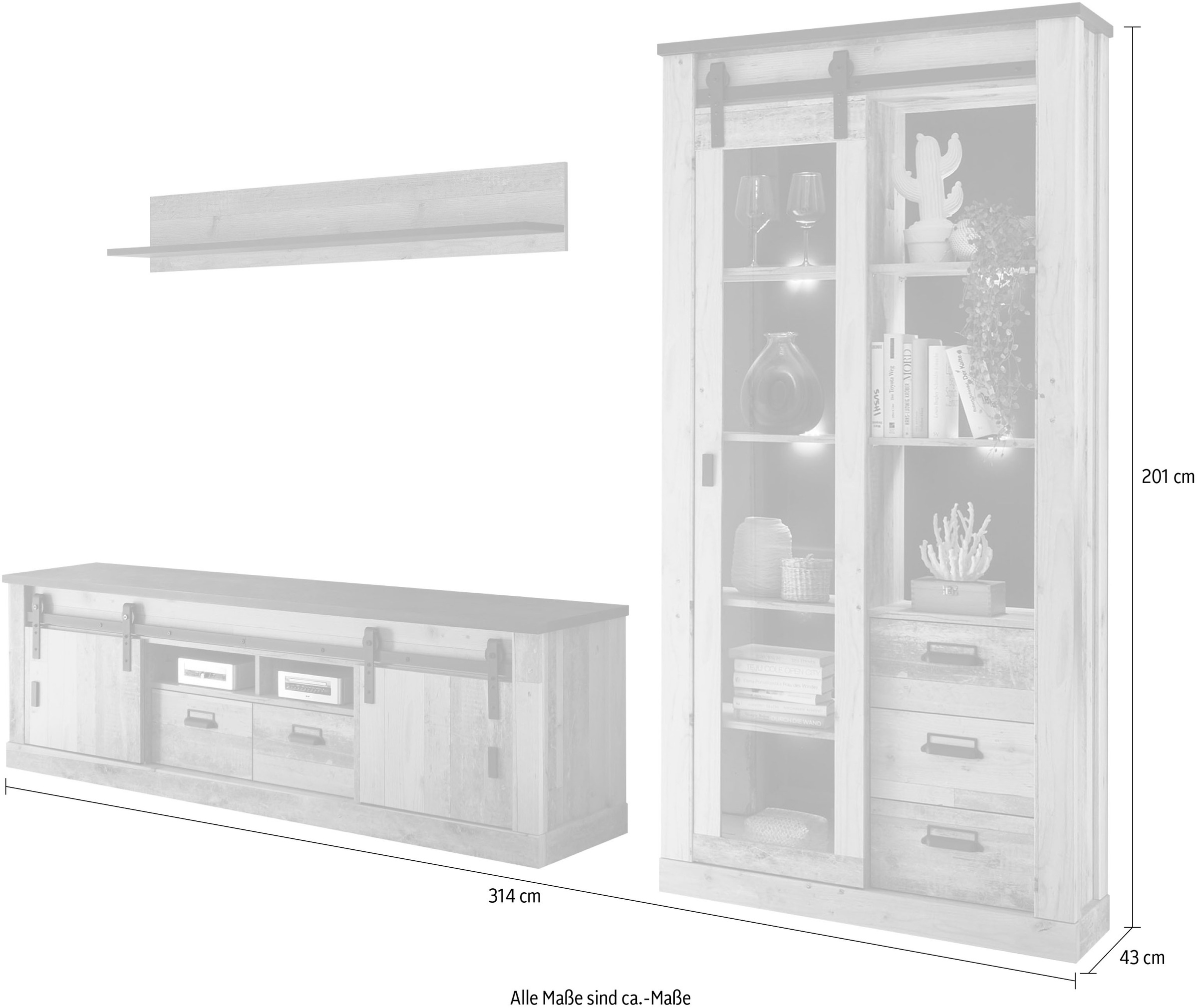 Home affaire Wohnwand »SHERWOOD«, (3 St.), Scheunentorbeschlag und Apothekergriffe aus Metall, Höhe 201 cm