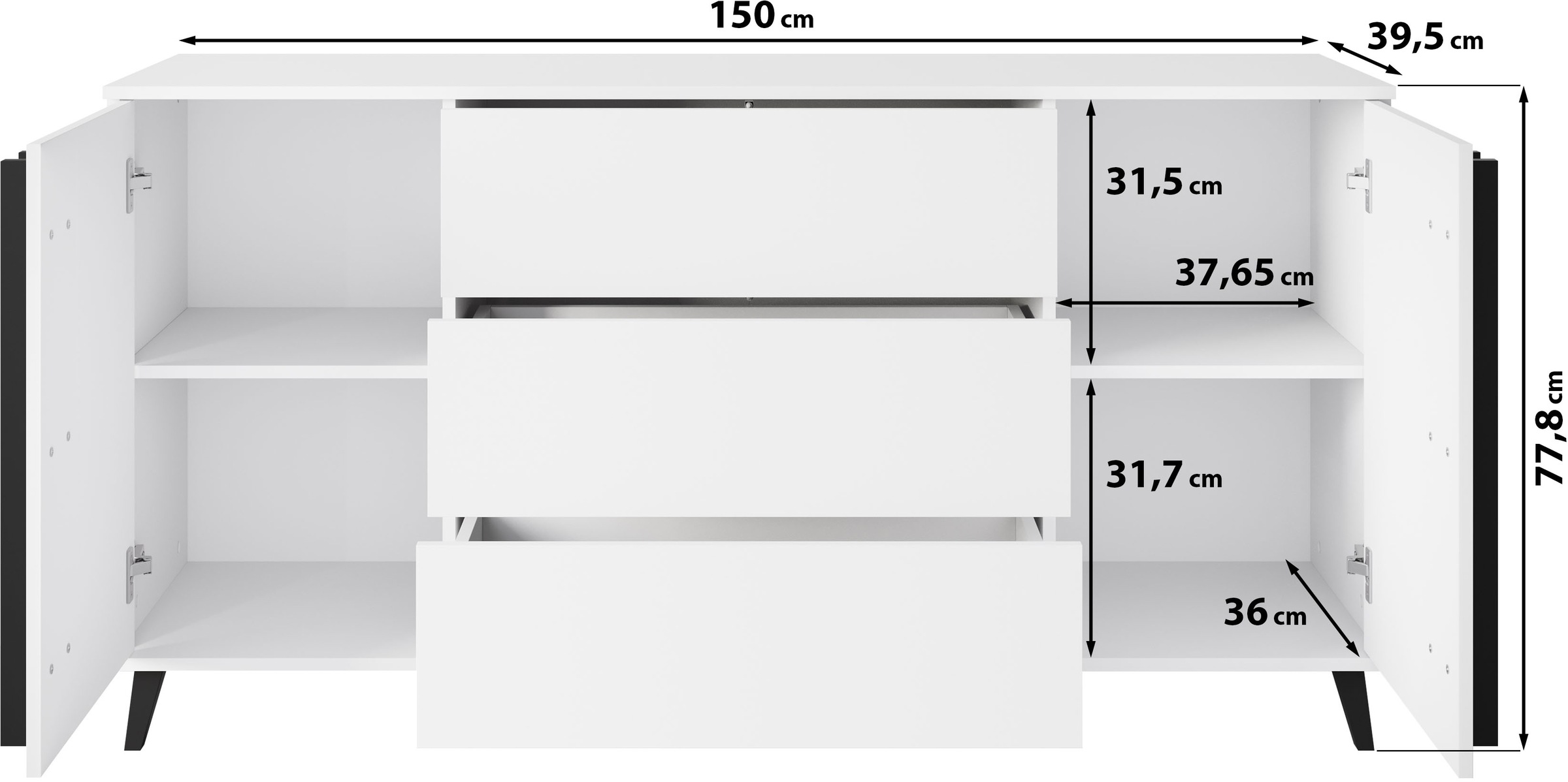 INOSIGN Sideboard »Helsinki, Kommode mit 2 Türen und 3 Schubladen, Breite 150 cm«, (1 St.), Push-to-Open-Schubladen, höhenverstellbare Einlegeböden