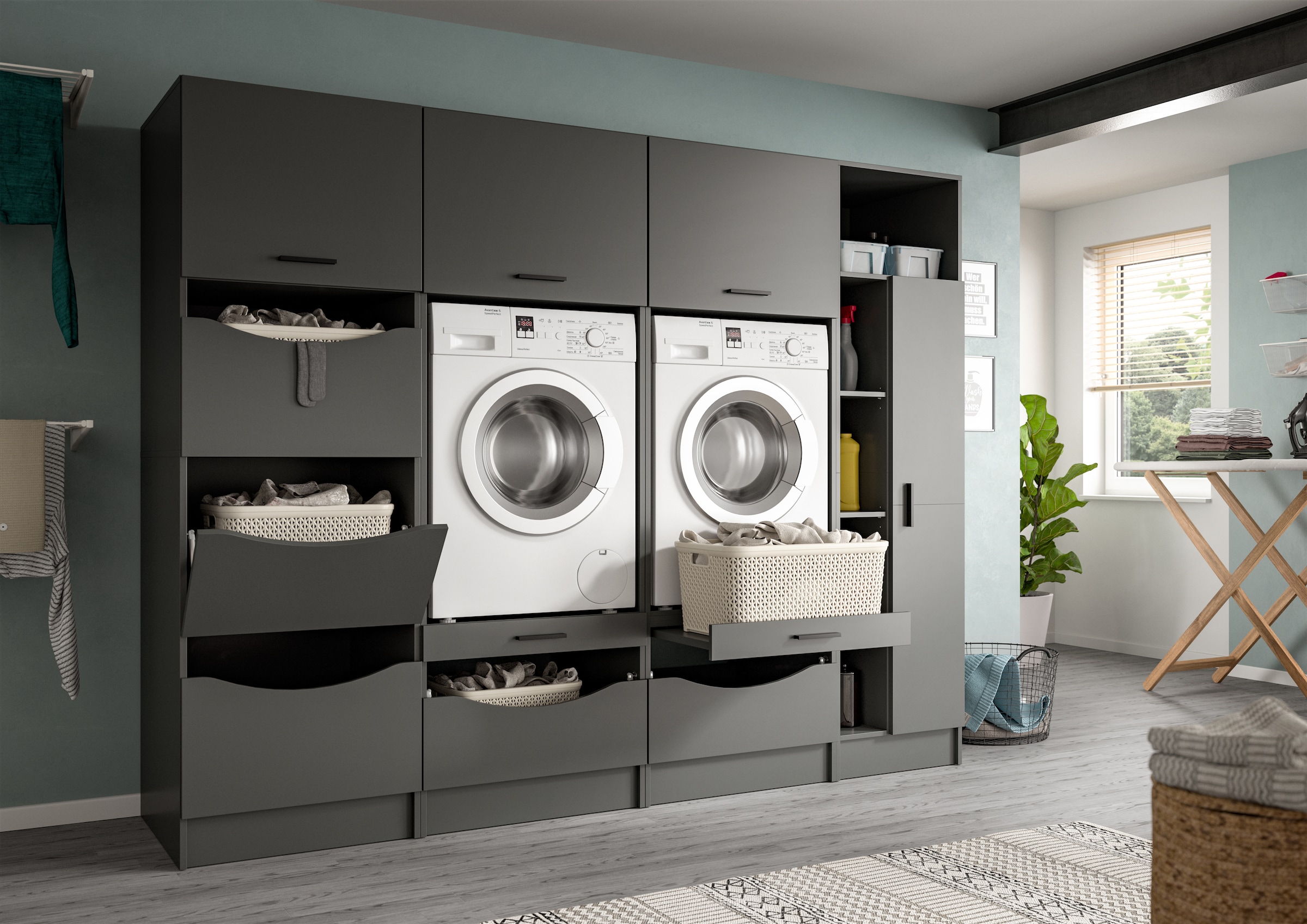 welltime Mehrzweckschrank-Set »FALAS,  4-teilig, Hauswirtschaftsraum Set, Breite 242 cm« 2x Waschmaschinenumbauschrank, 1x Wäscheschrank & 1x Mehrzweckschrank, 