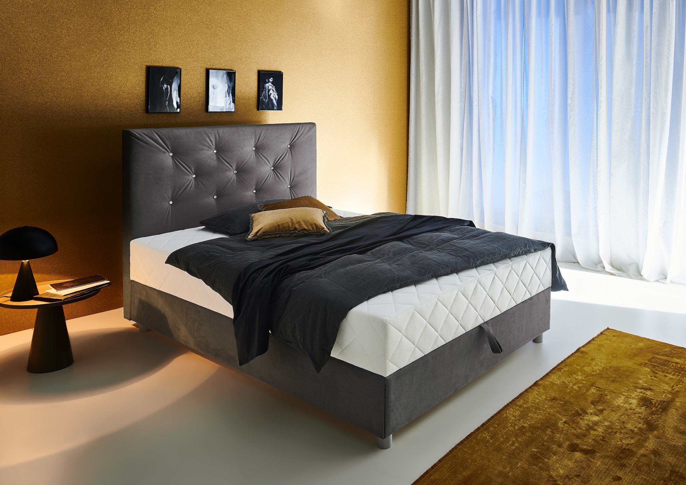 ATLANTIC home collection Boxbett »CELIA im hochwertiger Samtoptik« mit Taschen-Federkernmatratze, Bettkasten und Strass-Steinen
