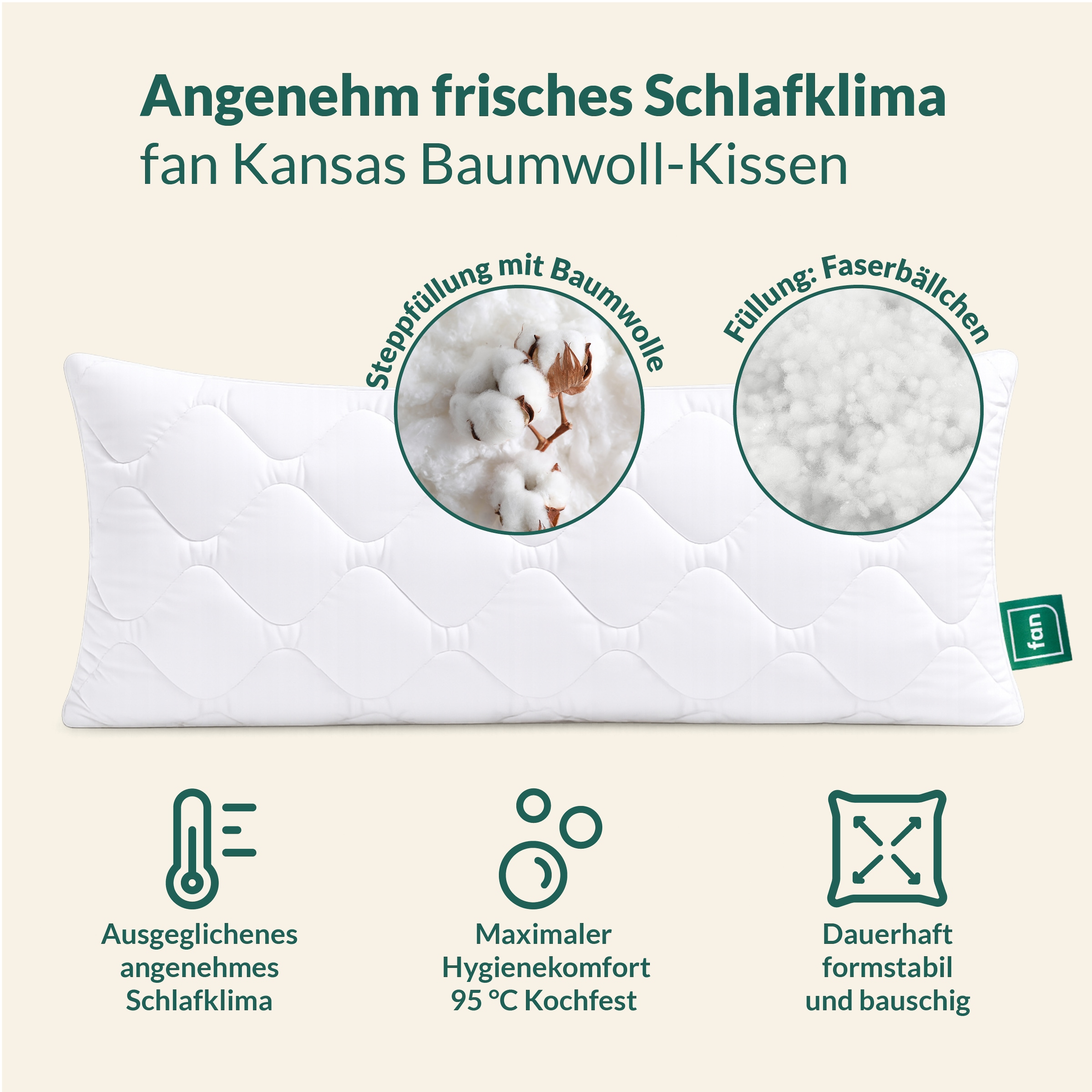 fan Microfaserkissen »Kansas, mit Baumwollbezug und Reißverschluss« Füllung: 100% Microfaser 1 Stk. tlg. in 40x80 oder 80x80 cm, Kopfkissen aus Microfaser, Made in Germany