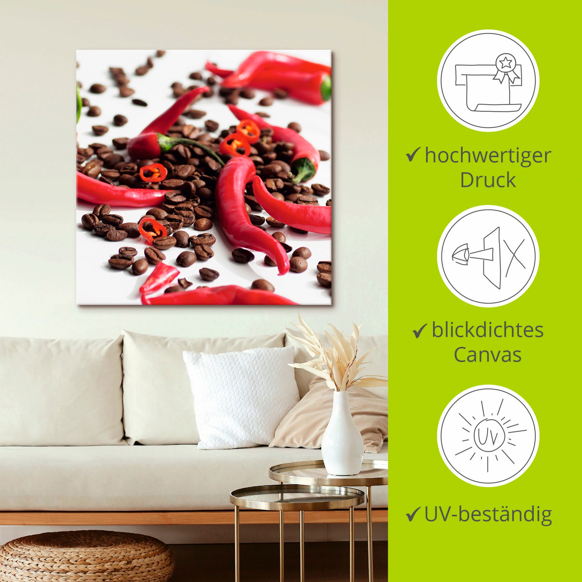 Artland Wandbild »Frische Chili auf Kaffee«, Lebensmittel, (1 St.), als Leinwandbild, Poster in verschied. Größen